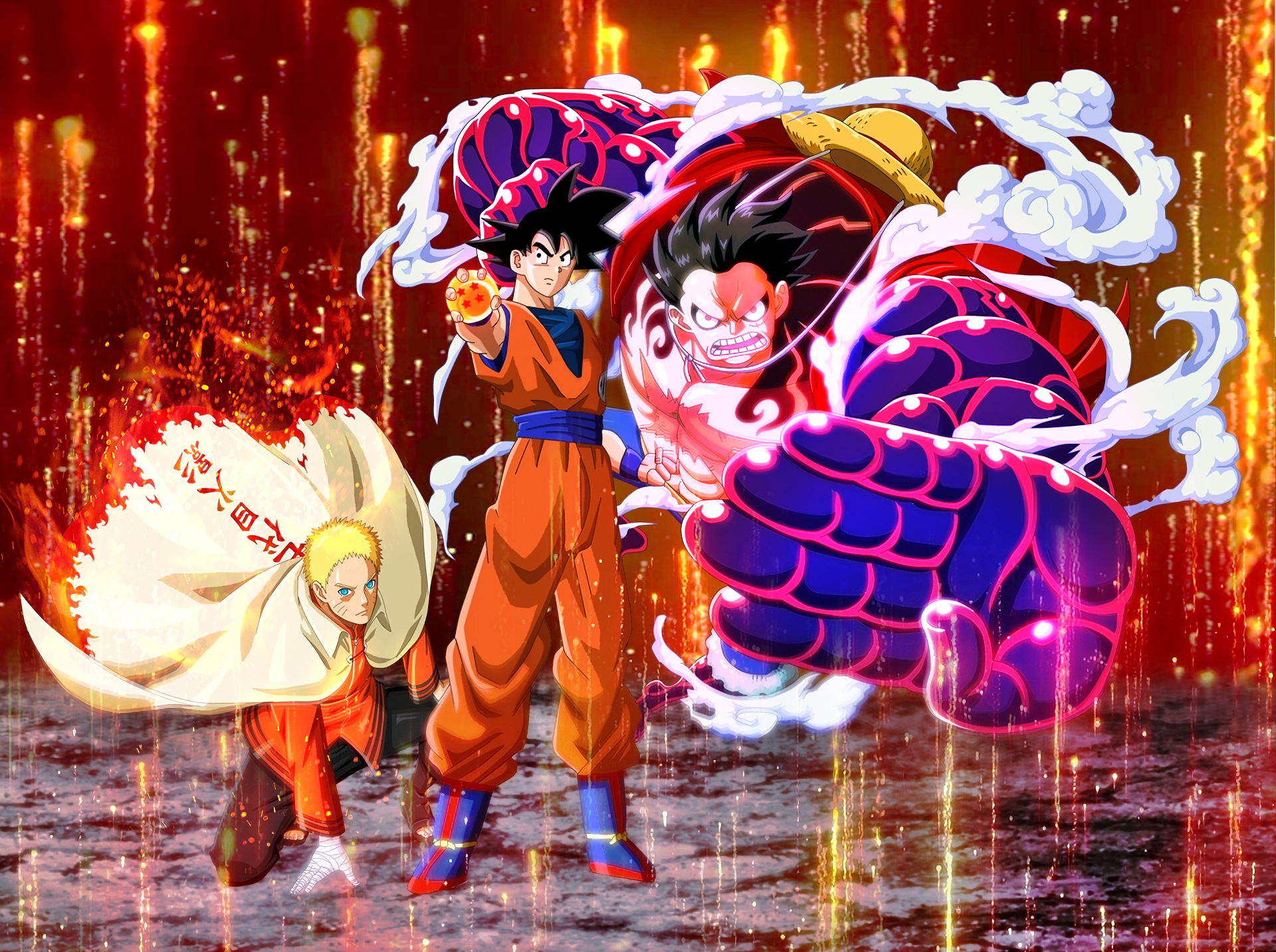 Anime 1920x1433 crossover Son Goku Monkey D. Luffy Uzumaki Naruto Boruto: Naruto Next Generations One Piece Dragon Ball Jump Force anime anime boys