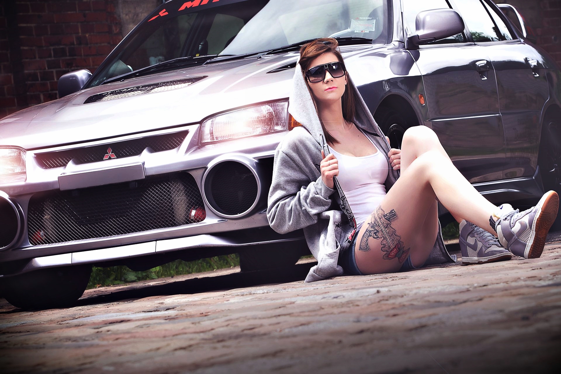 People 1920x1280 women car model women with cars vehicle women with glasses sitting women outdoors tattoo Mitsubishi Japanese cars