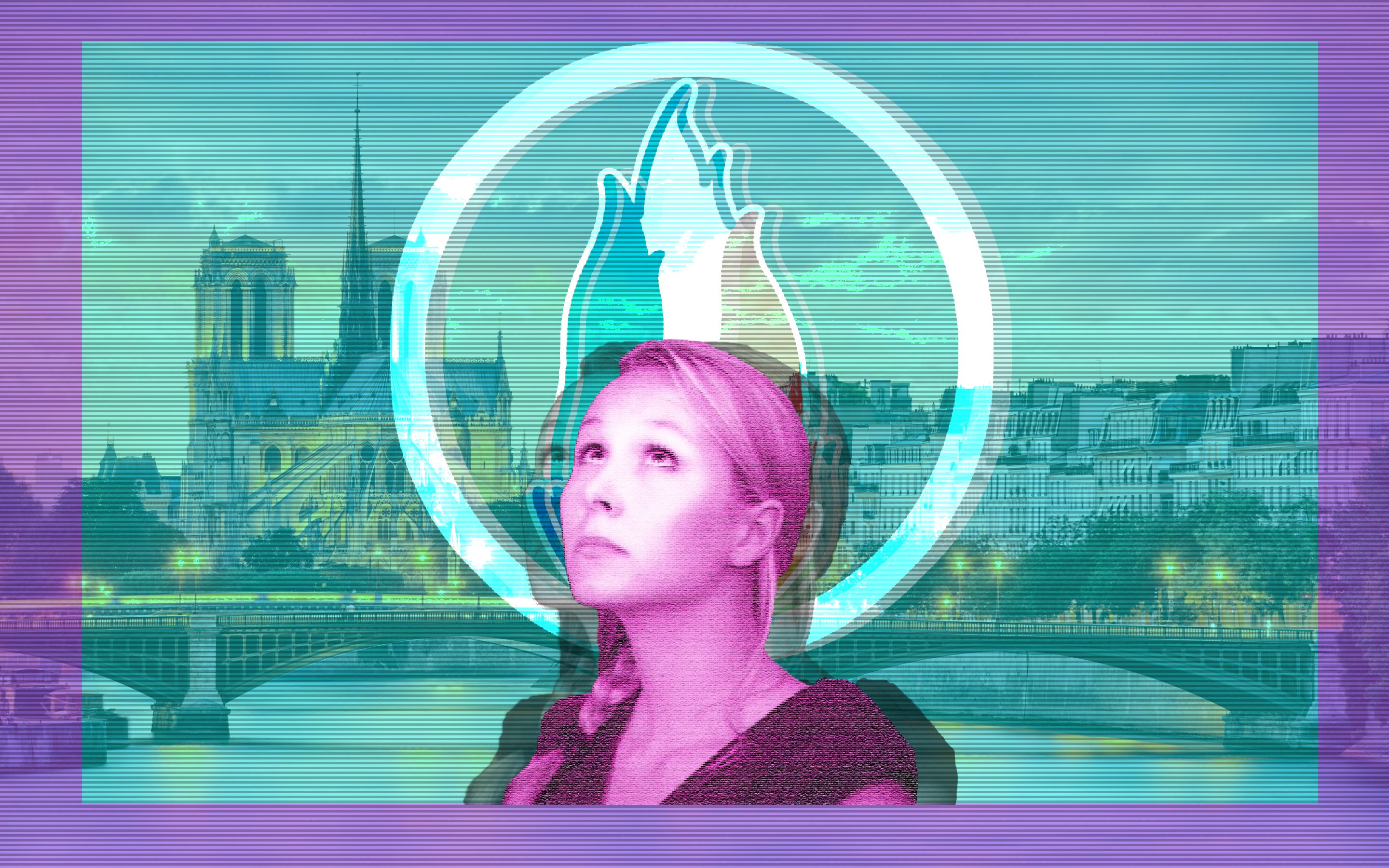 General 2880x1800 vaporwave looking up digital art women cyan pink France torches French cityscape