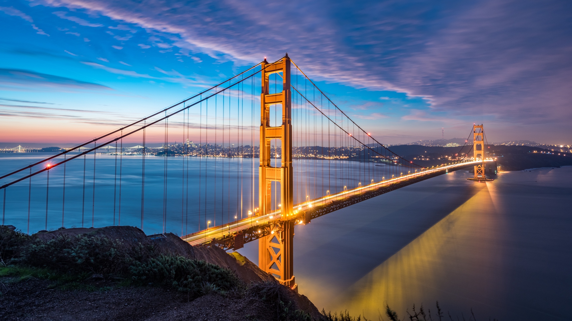 General 1920x1080 bridge Golden Gate Bridge San Francisco city lights sea long exposure suspension bridge USA