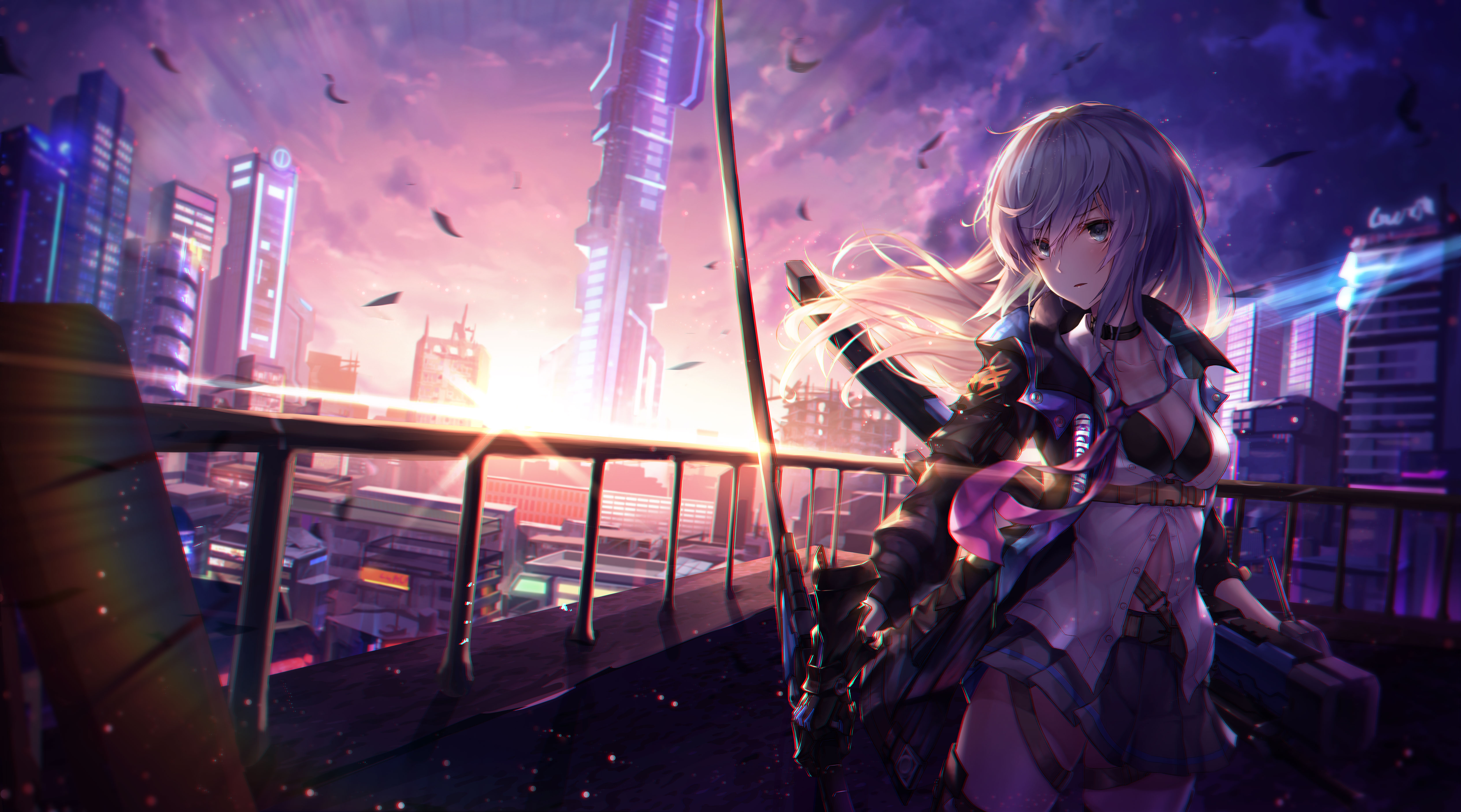 Anime 6631x3687 anime anime girls city Sun sunset sunrise futuristic weapon sword white hair long hair blushing looking at viewer green eyes choker cleavage bra shirt jacket skirt belly belly button rooftops artwork Chyopeuteu
