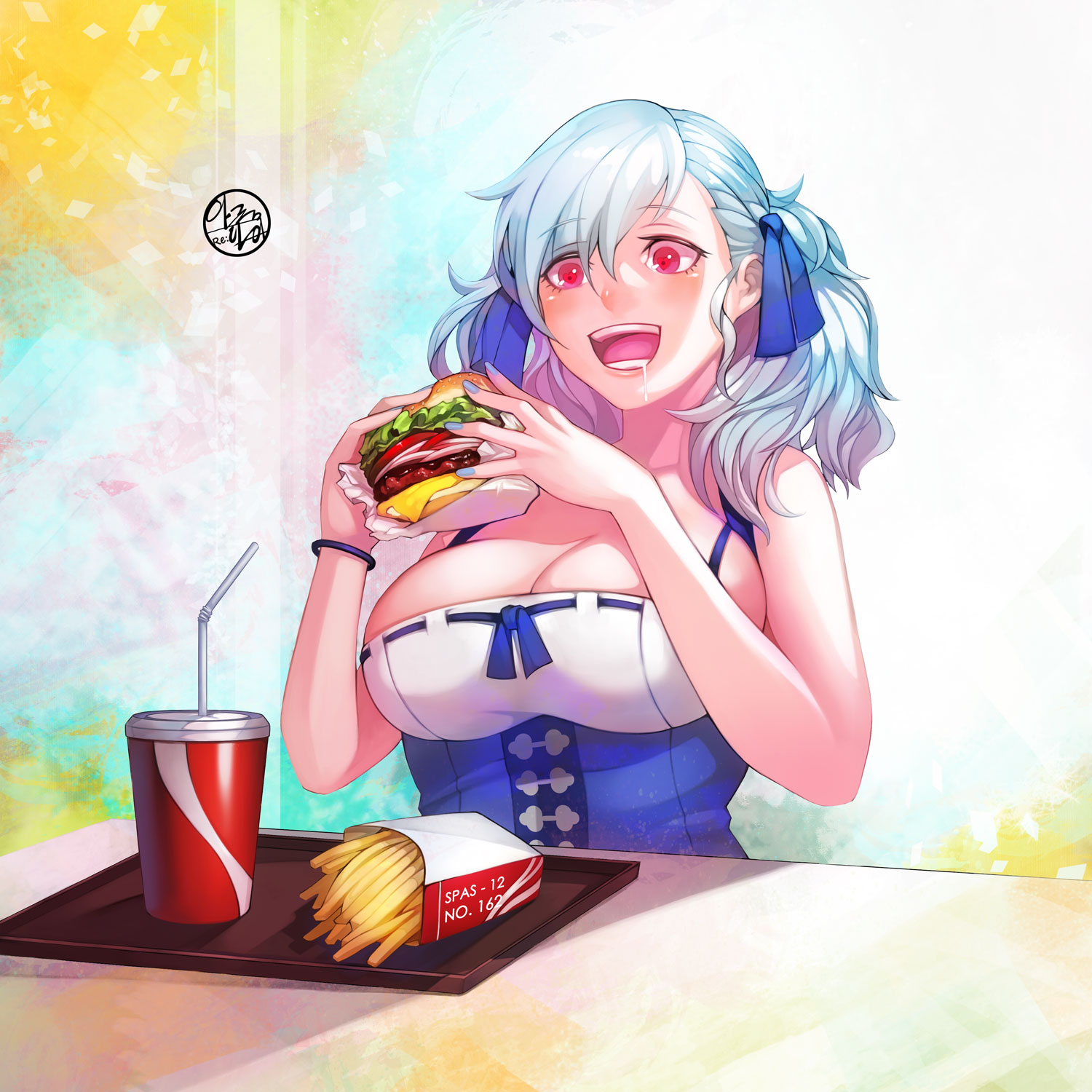 Anime 1500x1500 fast food cleavage burgers red eyes silver hair anime girls eating