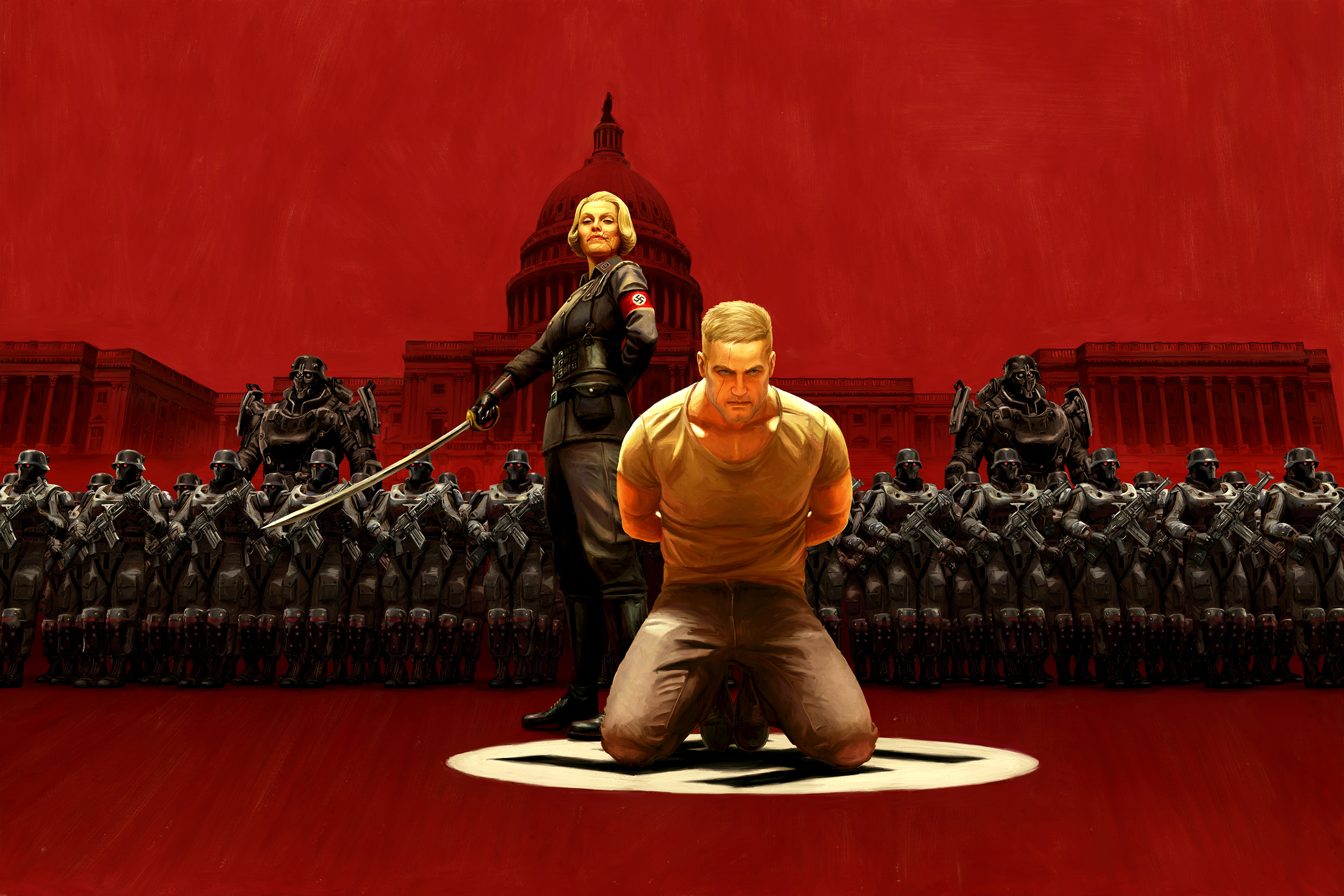 General 3000x2000 Wolfenstein Wolfenstein II: The New Colossus swastika Nazi red sword frontal view video games red background simple background video game men video game characters PC gaming