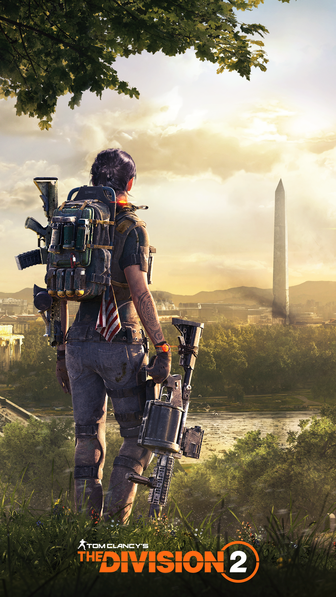 General 1080x1920 Tom Clancy's The Division 2 Ubisoft video games Tom Clancy's The Division girls with guns standing outdoors women outdoors portrait display clouds sky gun title Washington, D.C. tattoo backpacks American flag water grass leaves sunlight short sleeves