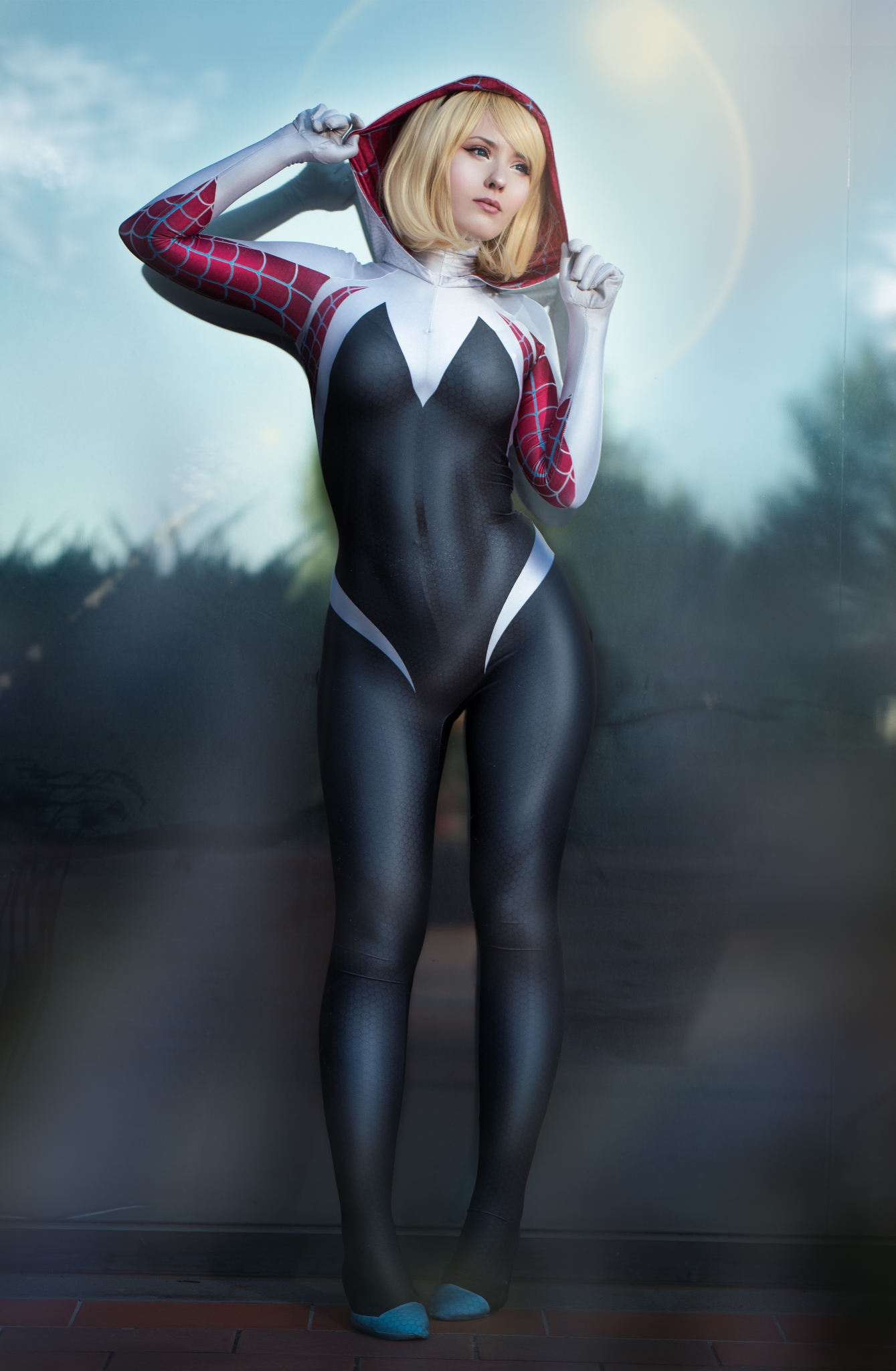 People 1339x2048 Blue Snow model blonde women cosplay Gwen Stacy Spider Gwen Spider-Man looking into the distance