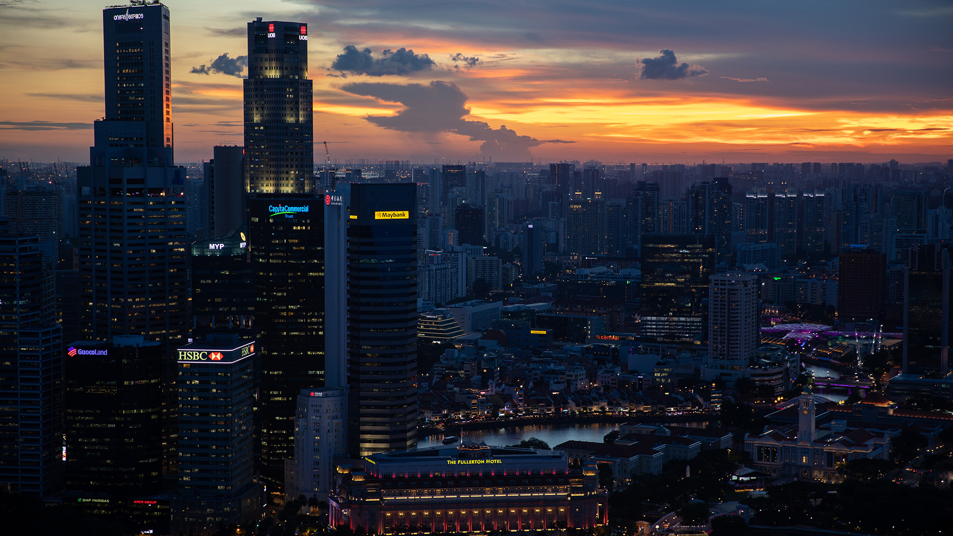 General 1920x1080 sunset lights cityscape building Singapore The Fullerton Hotel