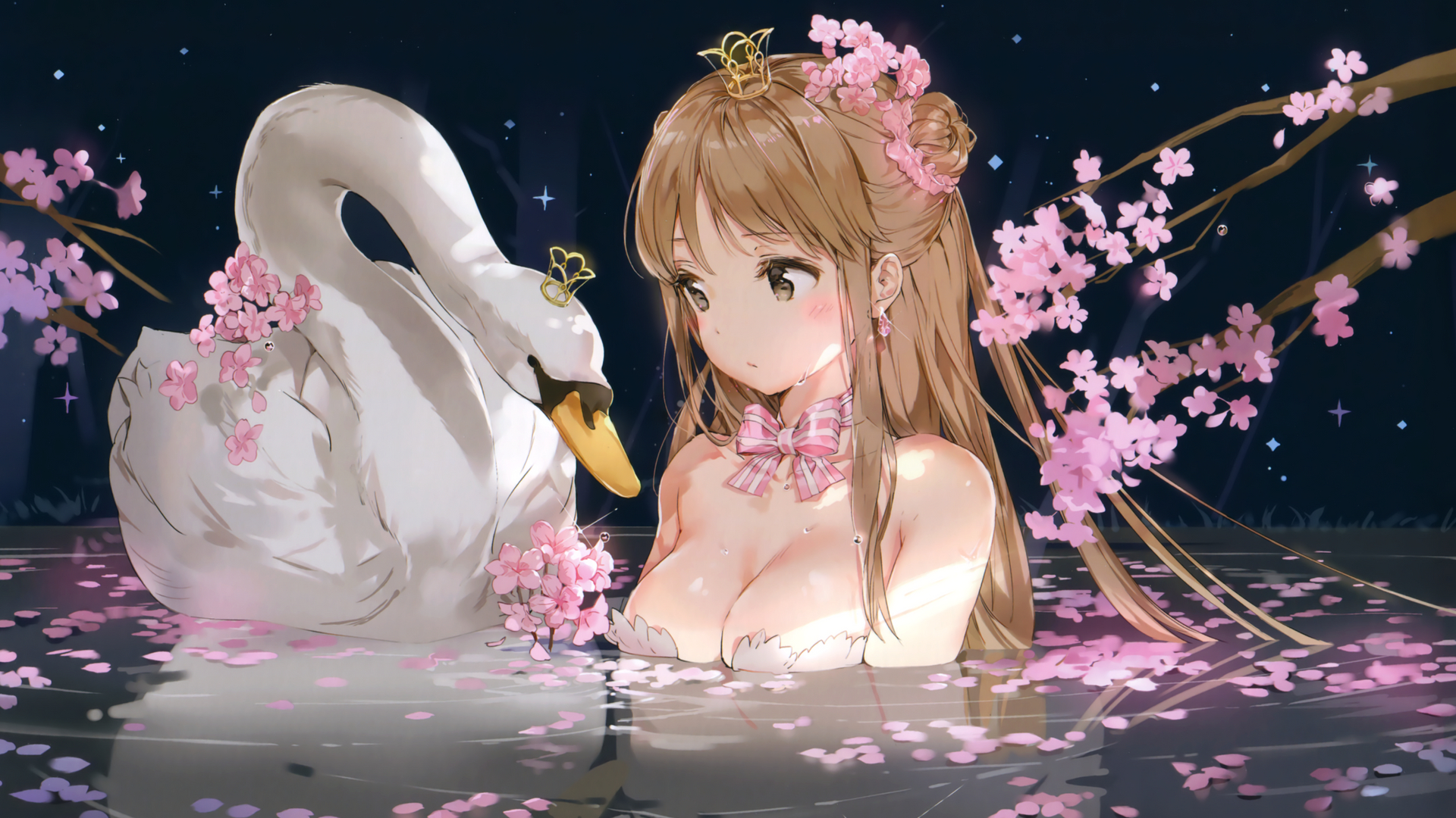Anime 1920x1080 anime girls anime brunette swans water cherry blossom petals brown eyes cleavage Anmi