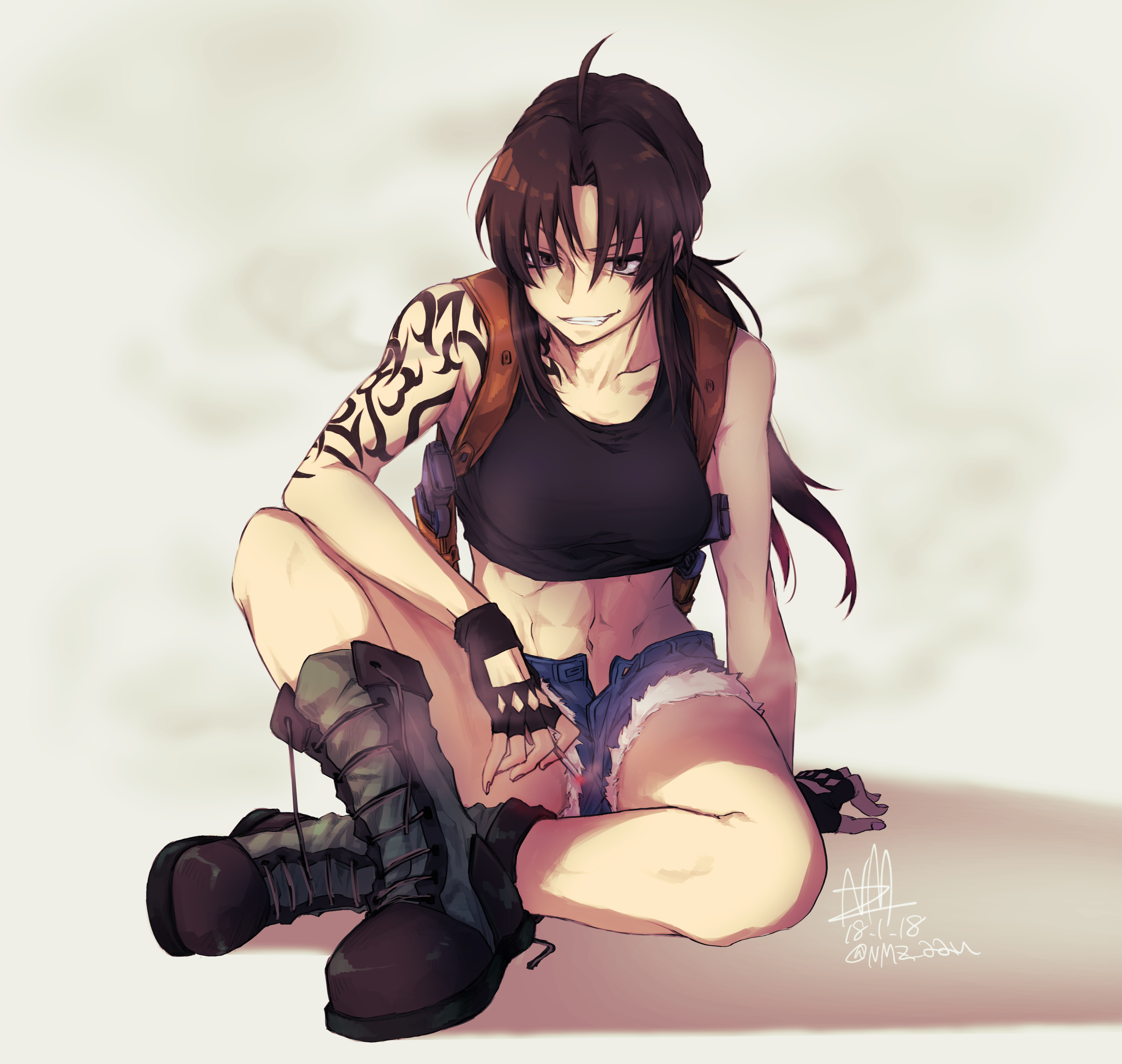 Anime 3164x3000 Black Lagoon anime girls Revy muscular big boobs girls with guns smoking cigarettes jean shorts tattoo smiling brunette long hair brown eyes 2D belly button abs 6-pack fan art simple background black top belly
