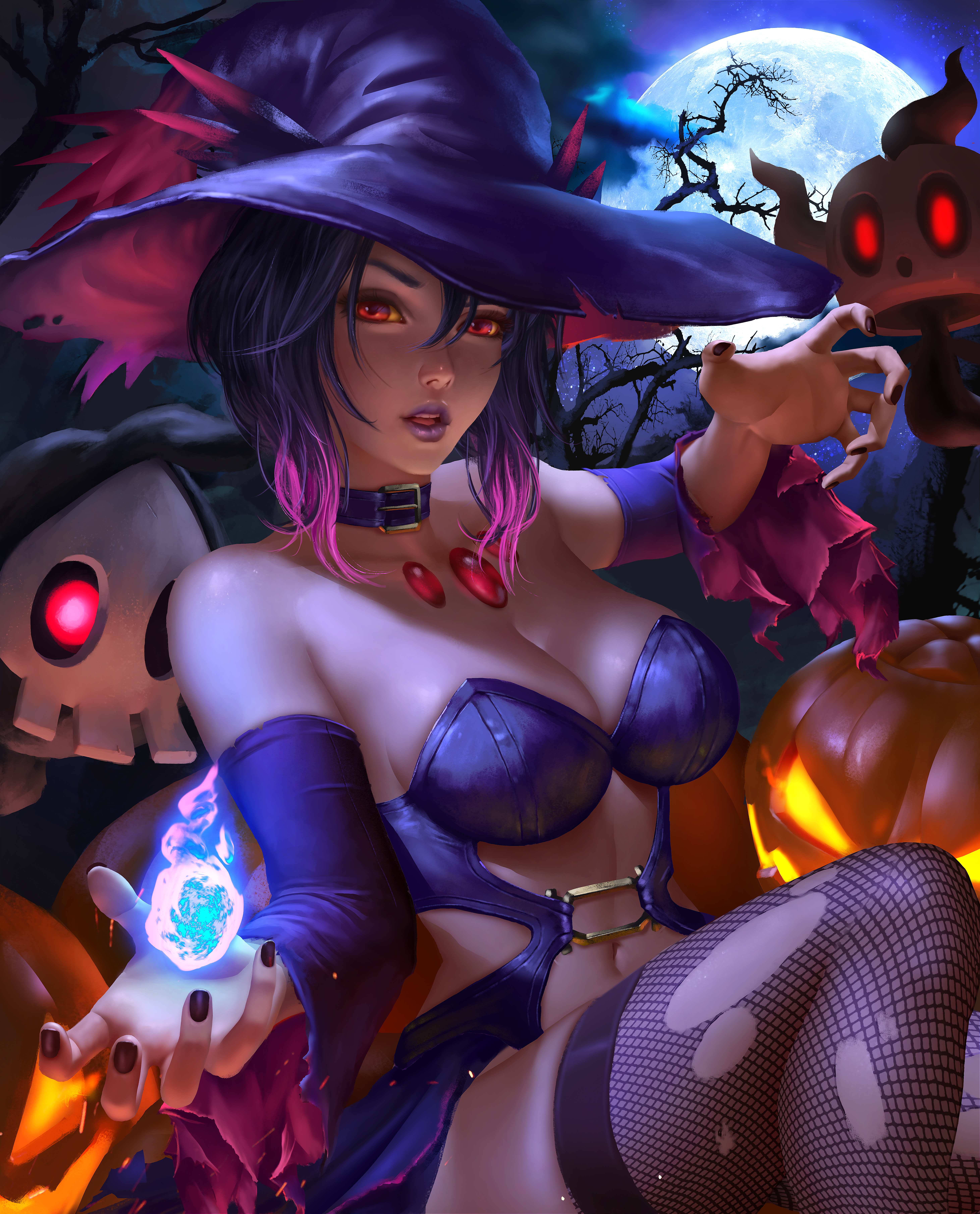 General 5844x7239 Pokémon video games video game girls fan art witch fantasy girl witch hat red eyes looking at viewer lingerie cleavage detached sleeves stockings fishnet stockings ghost pumpkin Halloween moonlight fantasy art magic portrait artwork drawing digital art curvy outdoors Logan Cure necklace