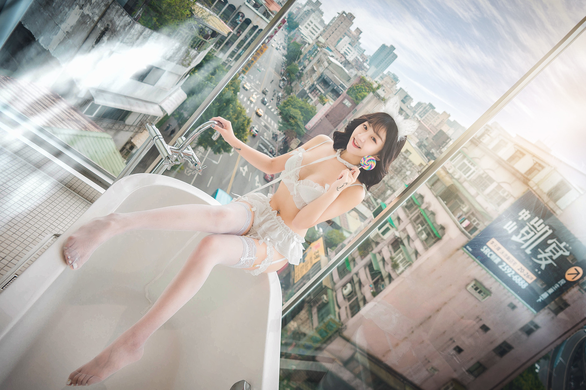 People 2047x1365 Asian women white lingerie lingerie women indoors model cityscape window bathtub Ruan Jingyi lollipop