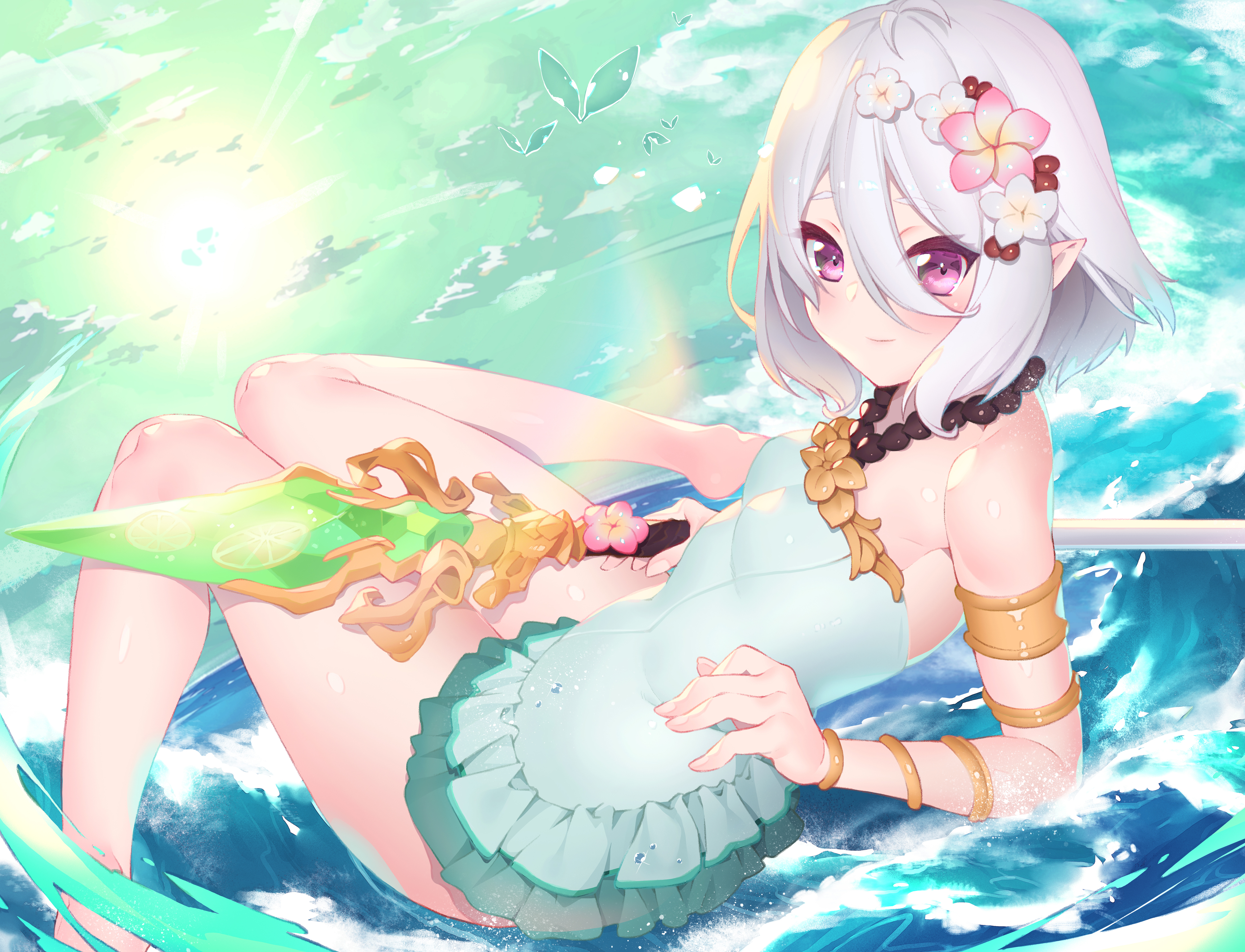 Anime 4000x3060 Kokkoro (Princess Connect) white hair water wet blushing purple eyes weapon short hair clouds flowers pointy ears necklace sky anime girls