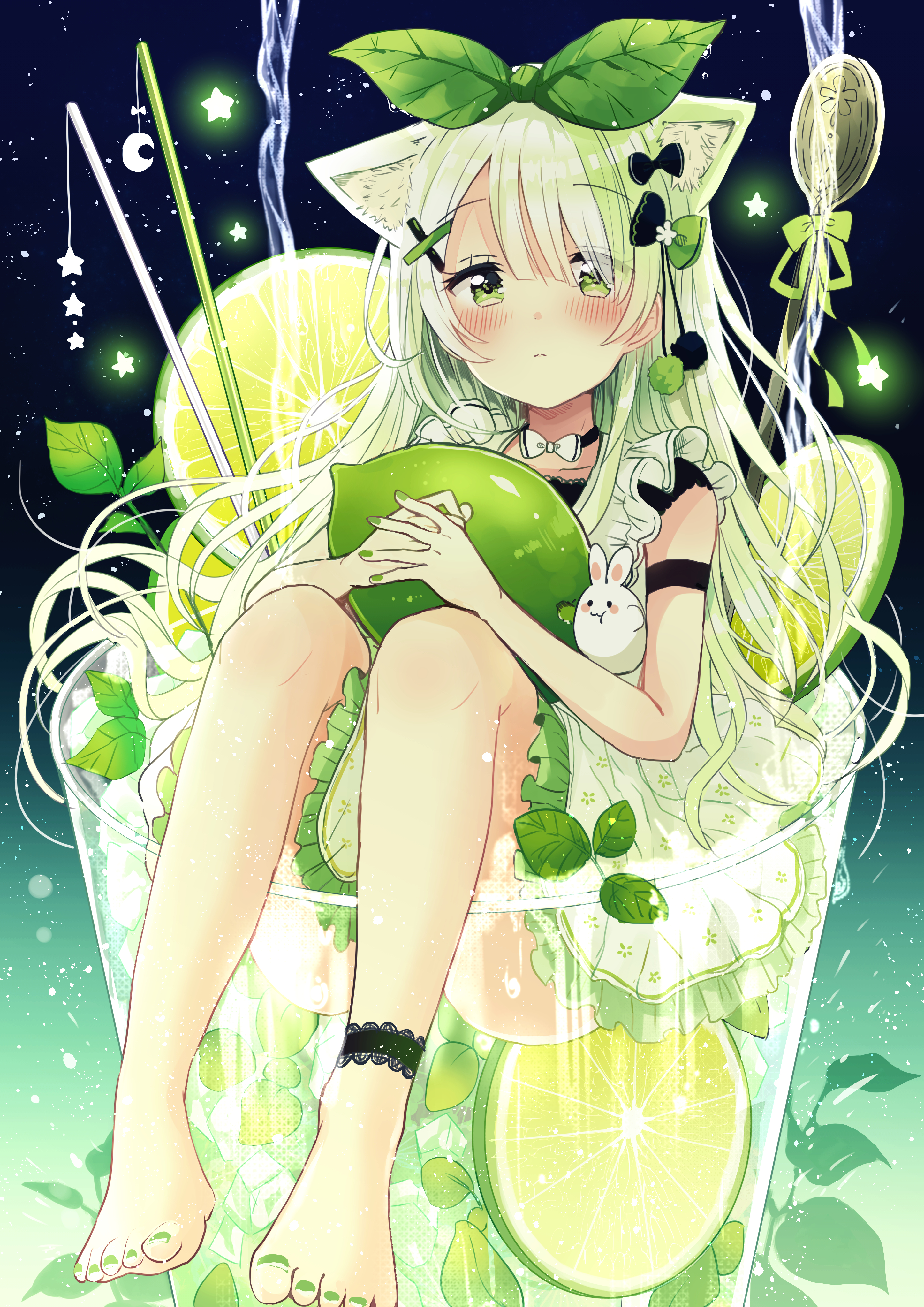 Anime 2894x4093 anime anime girls digital art artwork 2D portrait display Sakura Oriko minigirl animal ears green eyes green hair lemons glass