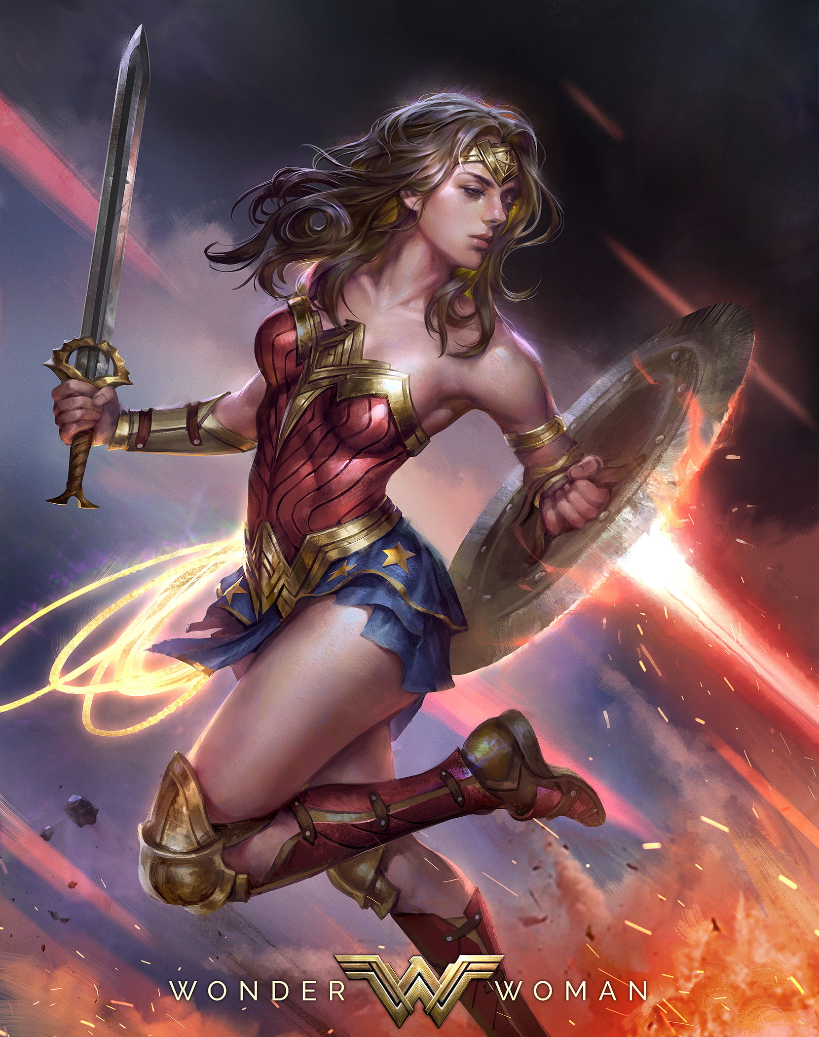 General 1660x2100 artwork fantasy art fantasy girl fictional character Wonder Woman superheroines DC Comics sword shield armor skirt figure-hugging armor