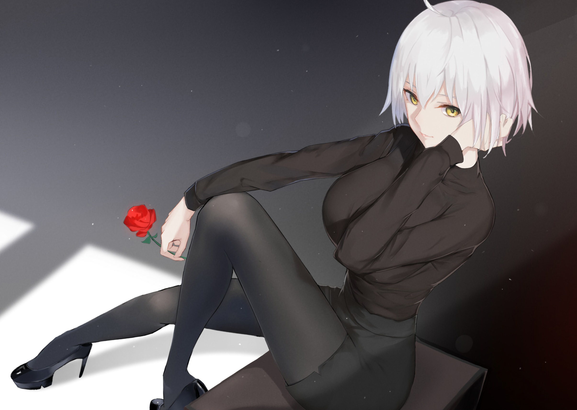 Anime 2410x1716 Jeanne (Alter) (Fate/Grand Order) Fate series Fate/Grand Order Avenger (Fate/Grand Order) white hair yellow eyes anime girls Mobile Game short hair rose high heels thigh-highs