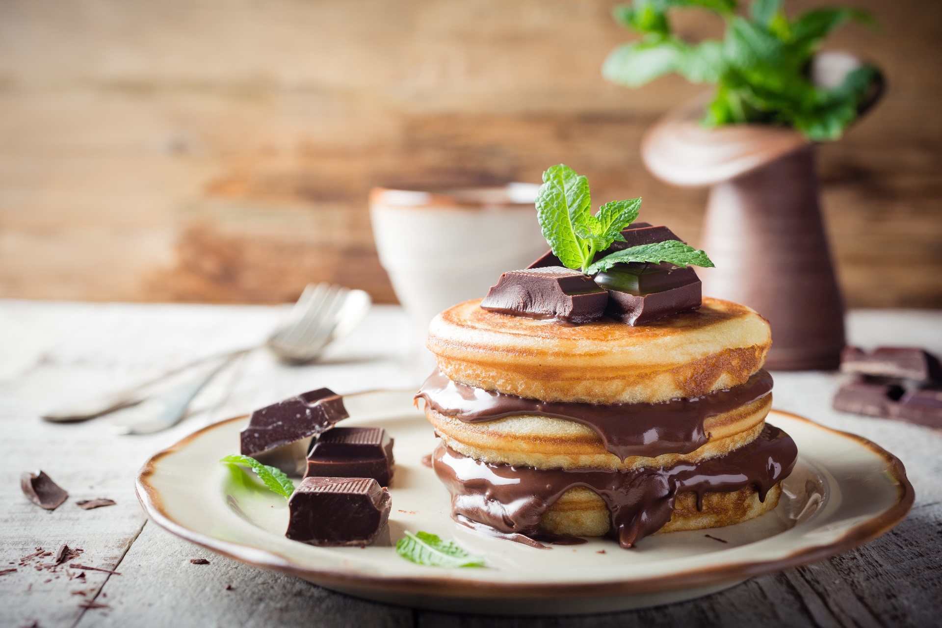 General 1920x1280 pancakes food sweets chocolate mint leaves plates fork wooden surface