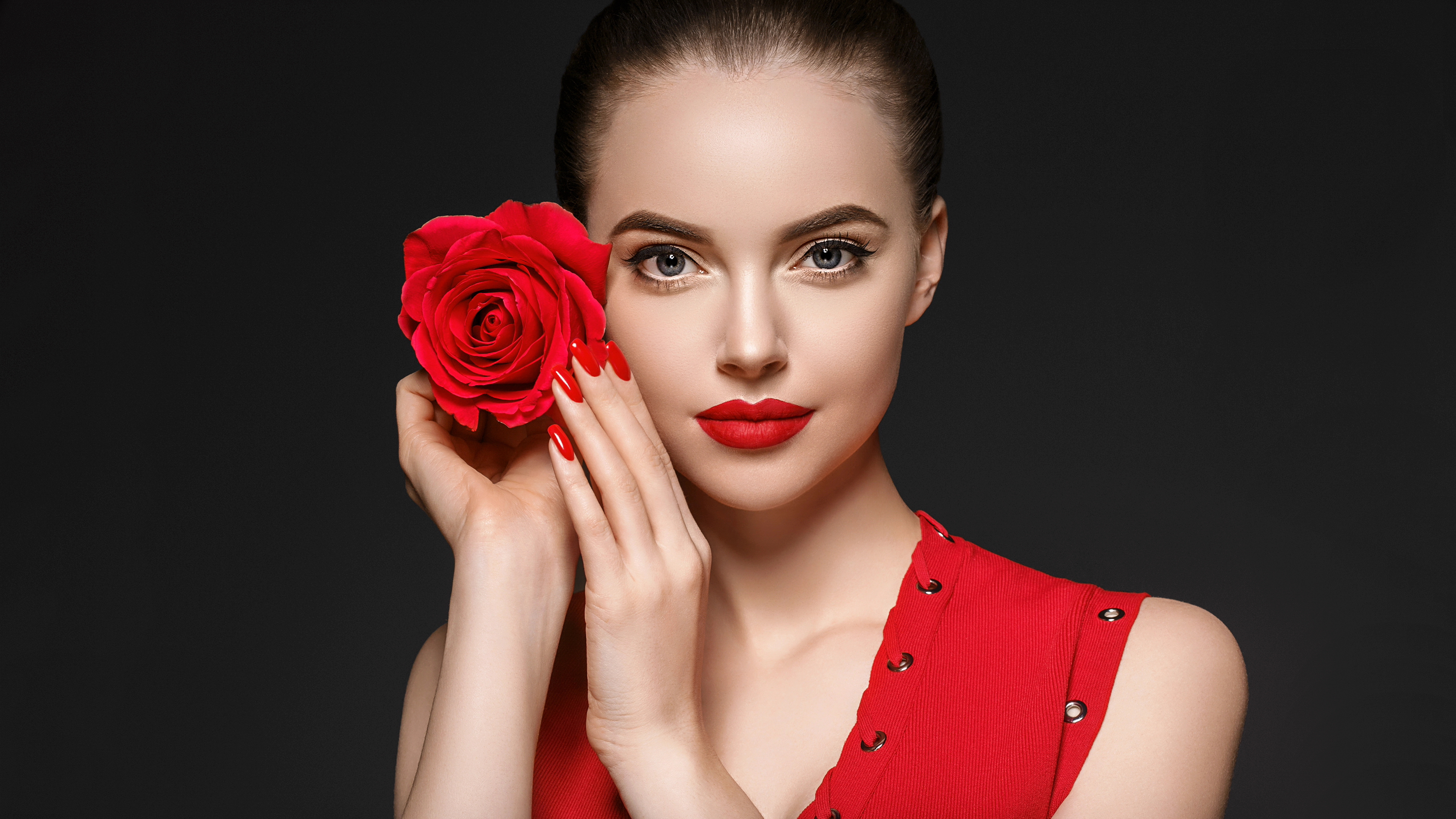 People 3000x1688 model simple background rose red lipstick women brunette blue eyes portrait painted nails retouching looking at viewer