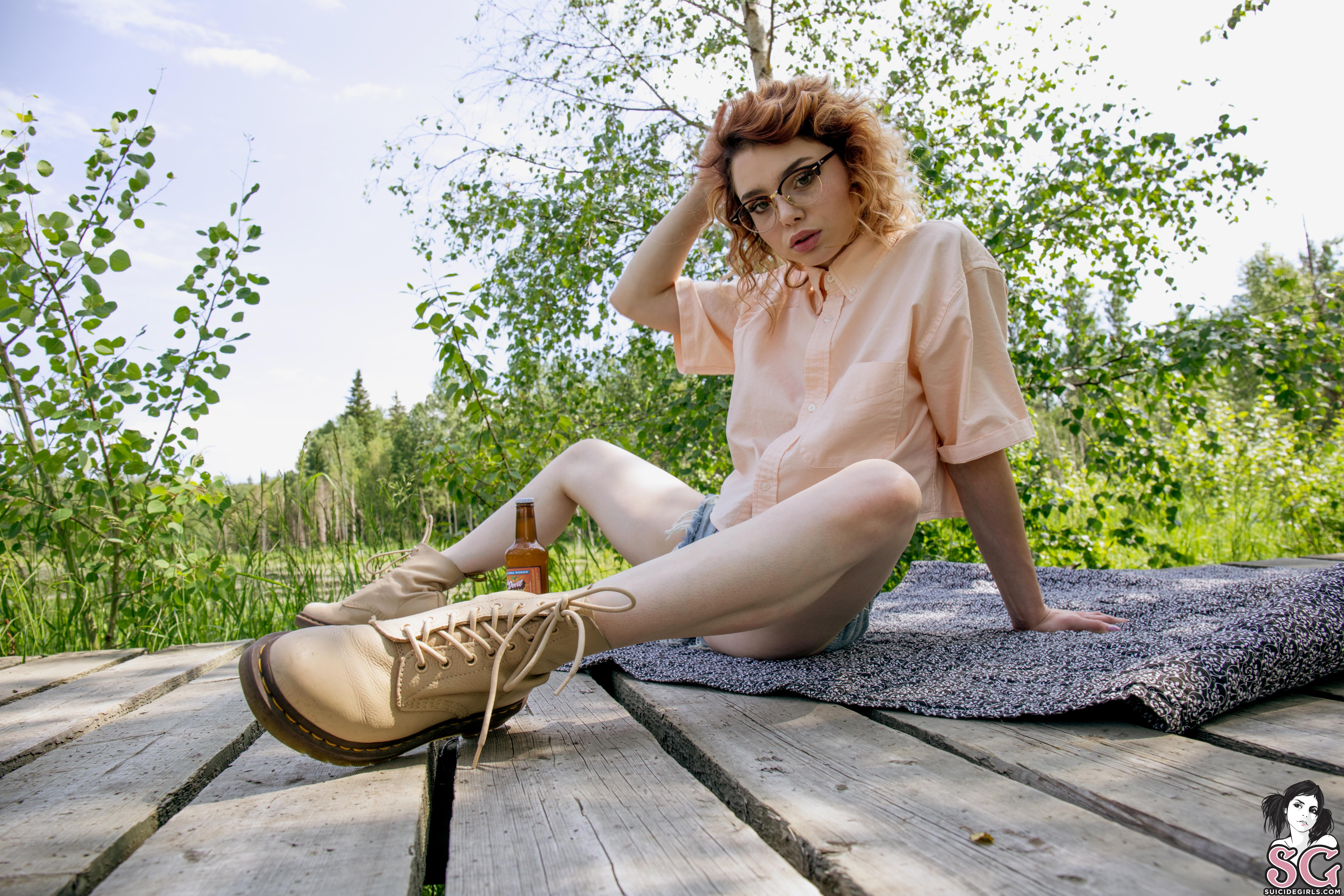People 6720x4480 women redhead glasses short hair forest blouses boots shorts beer towel Suicide Girls Fleet Suicide wood