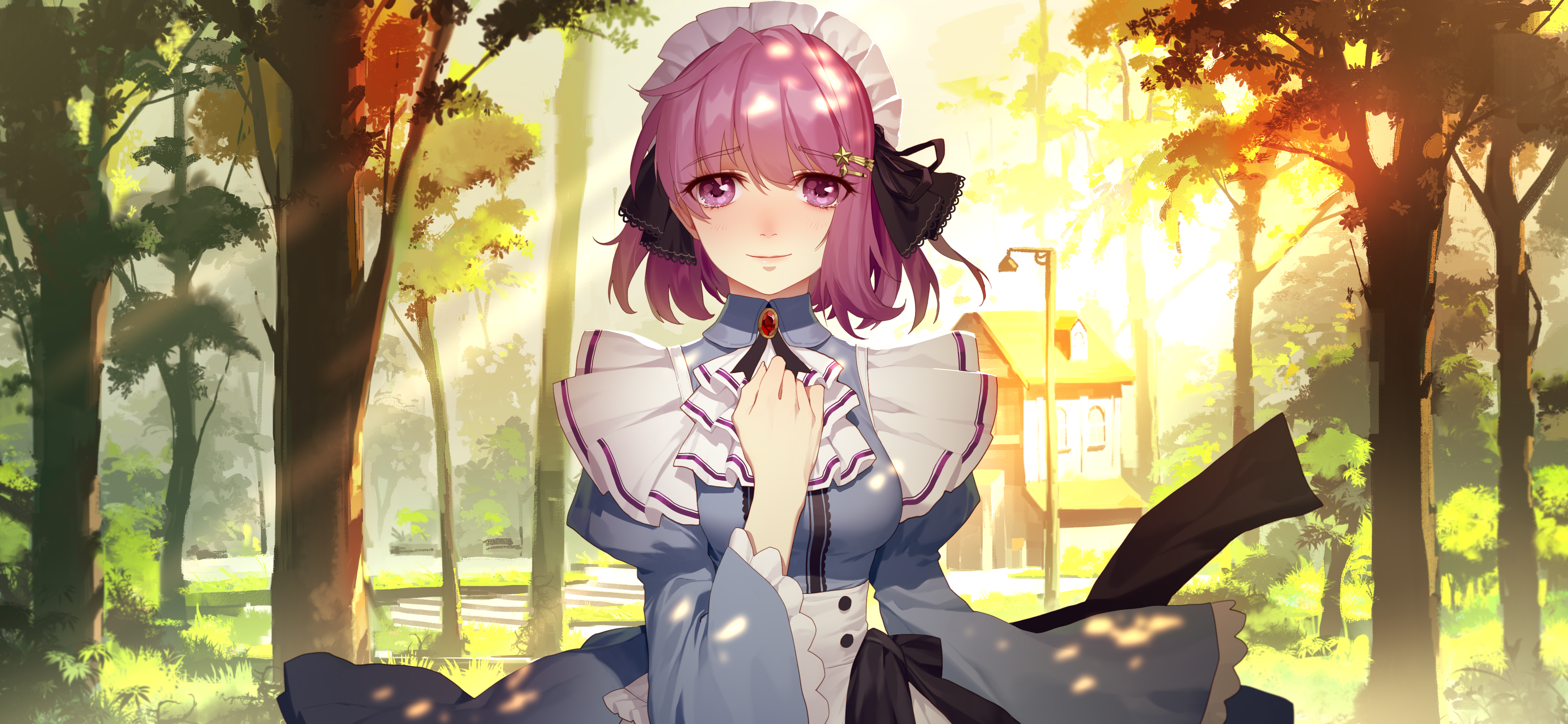 Anime 4334x2000 anime girls original characters purple hair purple eyes tears smiling dress maid maid outfit outdoors forest trees house street light environment artwork digital art illustration drawing painting 2D Thankstar404 portrait anime