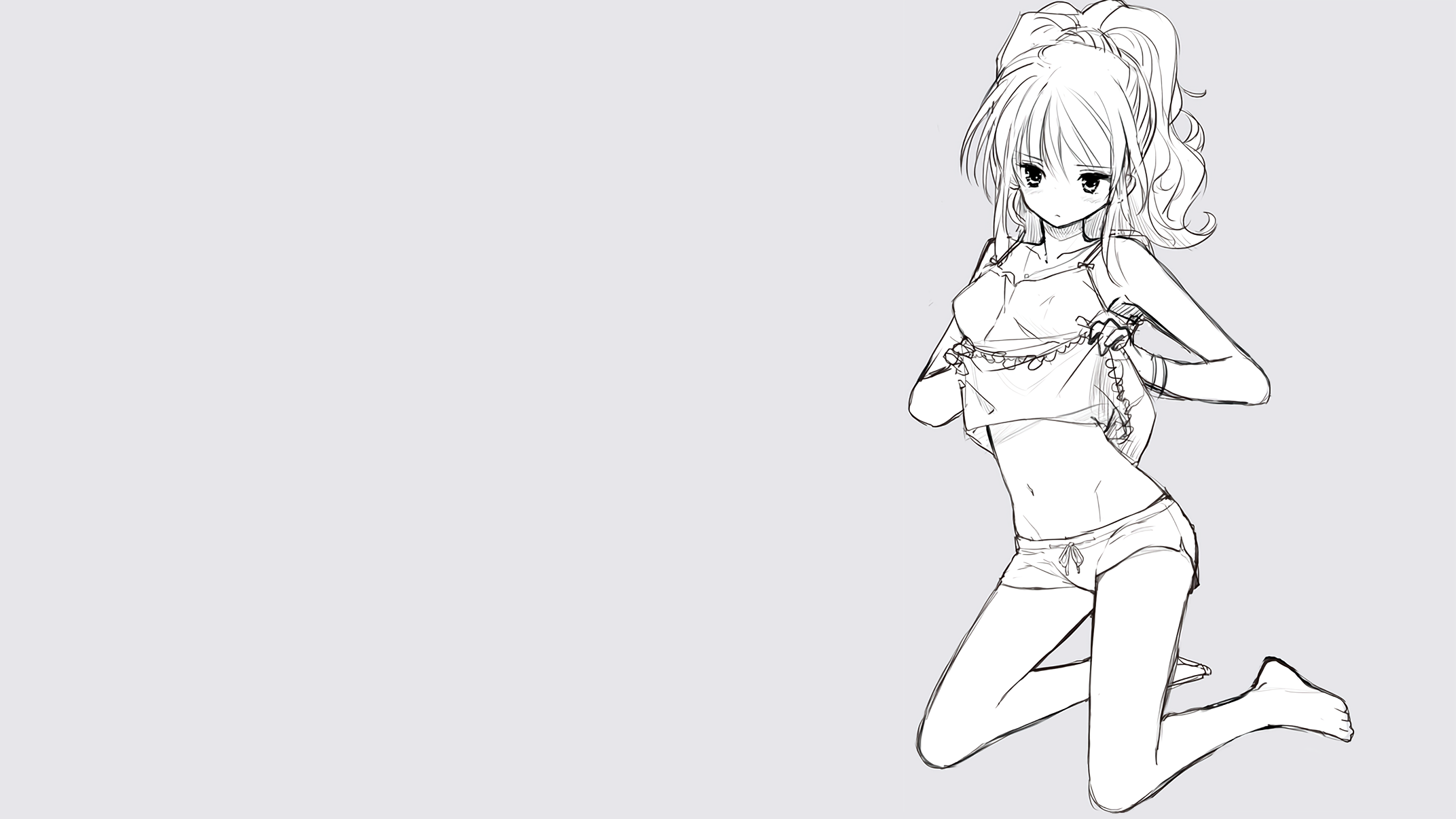 Anime 2144x1206 gray background sketches anime girls panties kneeling simple background anime barefoot