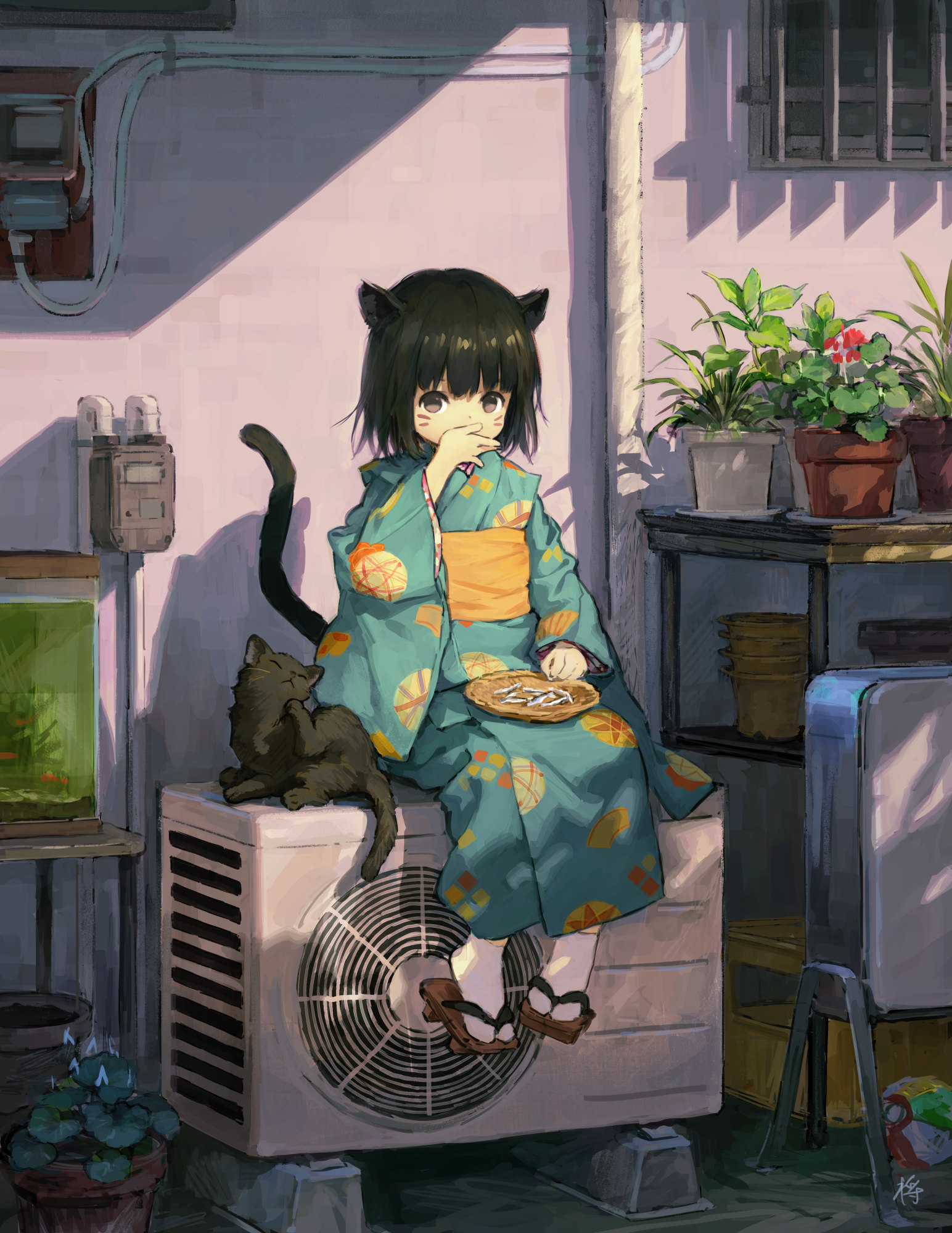 Anime 1544x2000 anime anime girls cats kimono original characters Japanese clothes cat girl black hair short hair