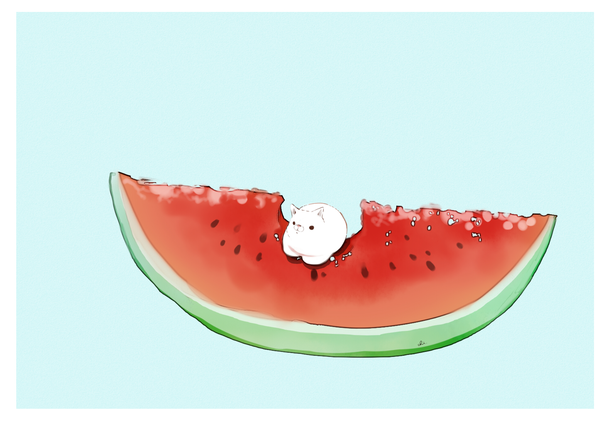Anime 2000x1375 simple background original characters food Drawingchisanne cats watermelons