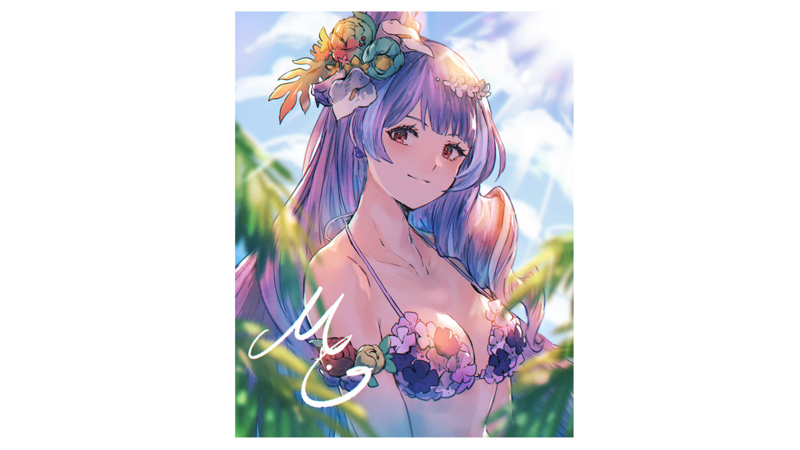 Anime 2560x1440 Macross Delta Mikumo Guynemer purple hair white background swimwear flowers anime anime girls azu_deltachan