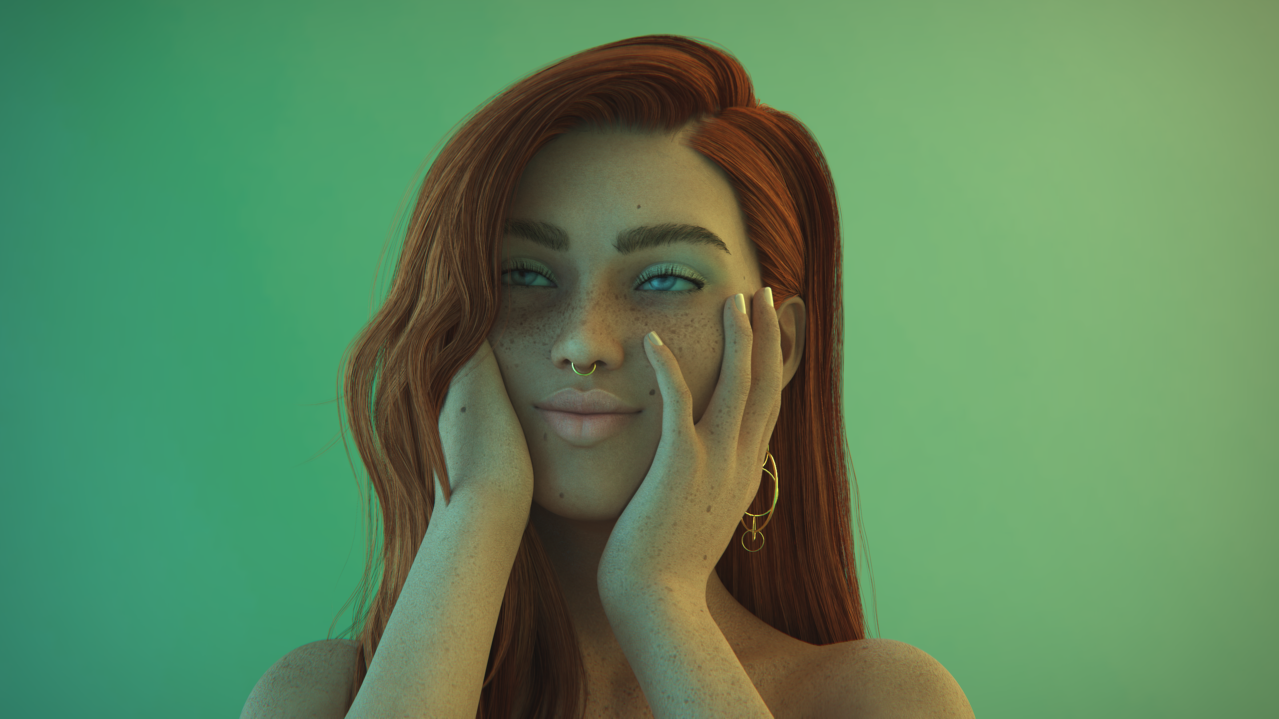General 2560x1440 women redhead green background blue eyes CGI digital art portrait