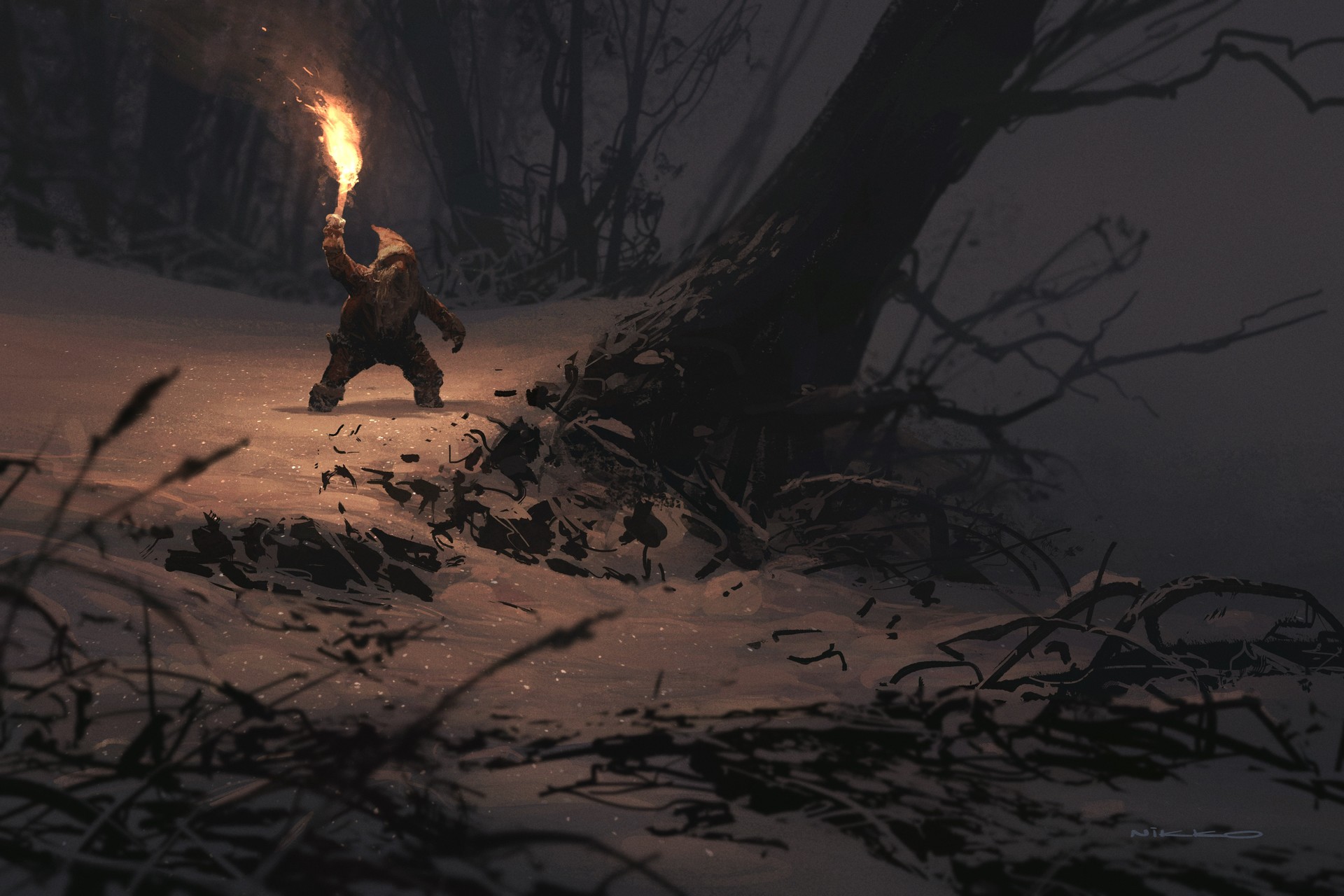 General 1920x1280 torches winter snow snow covered trees nature outdoors dark night 2D artwork beard