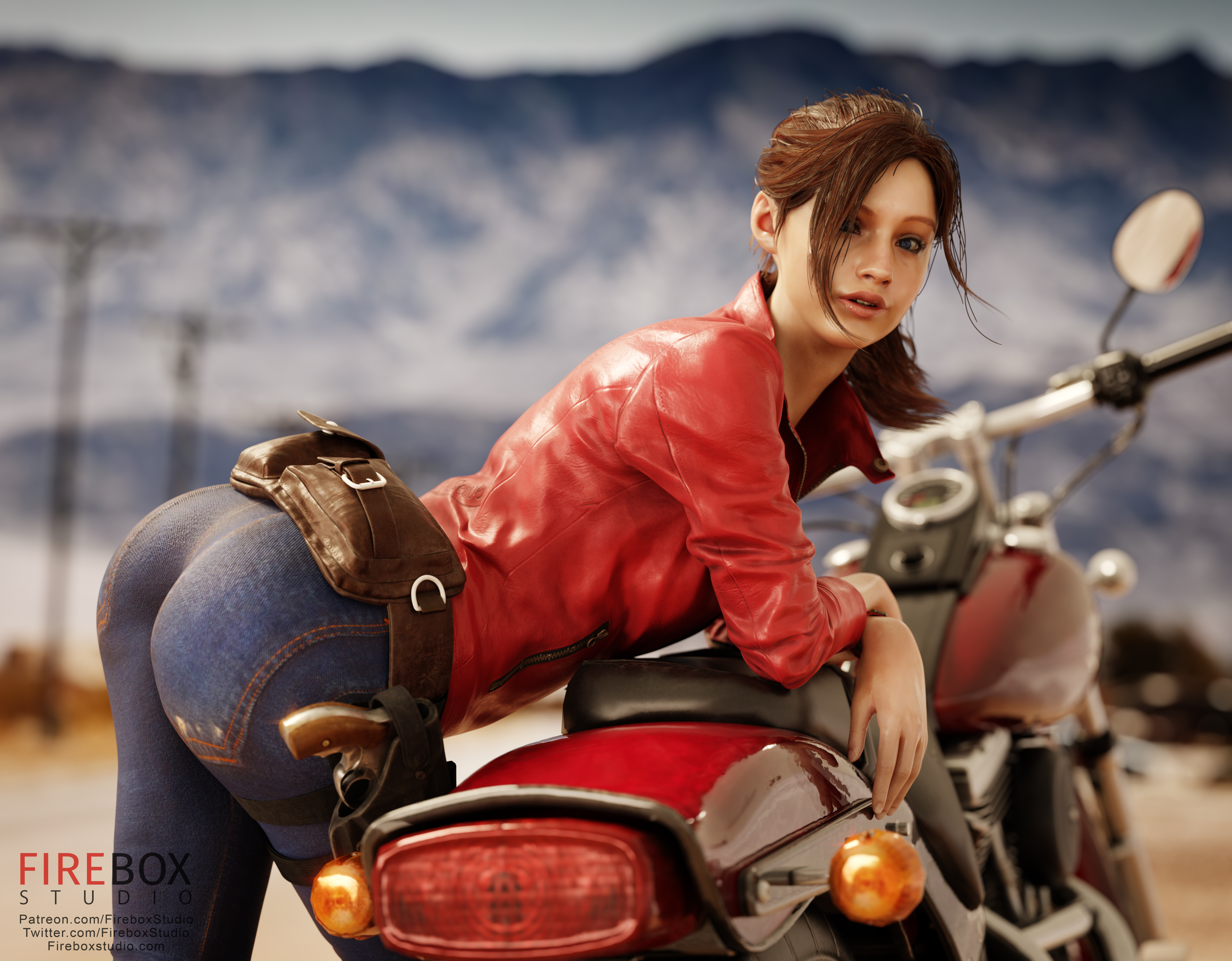 General 3840x2996 video games video game girls video game characters fantasy girl illustration artwork CGI Resident Evil ass bent over tight jeans tight clothing women jacket biker motorcycle Rebecca Chambers