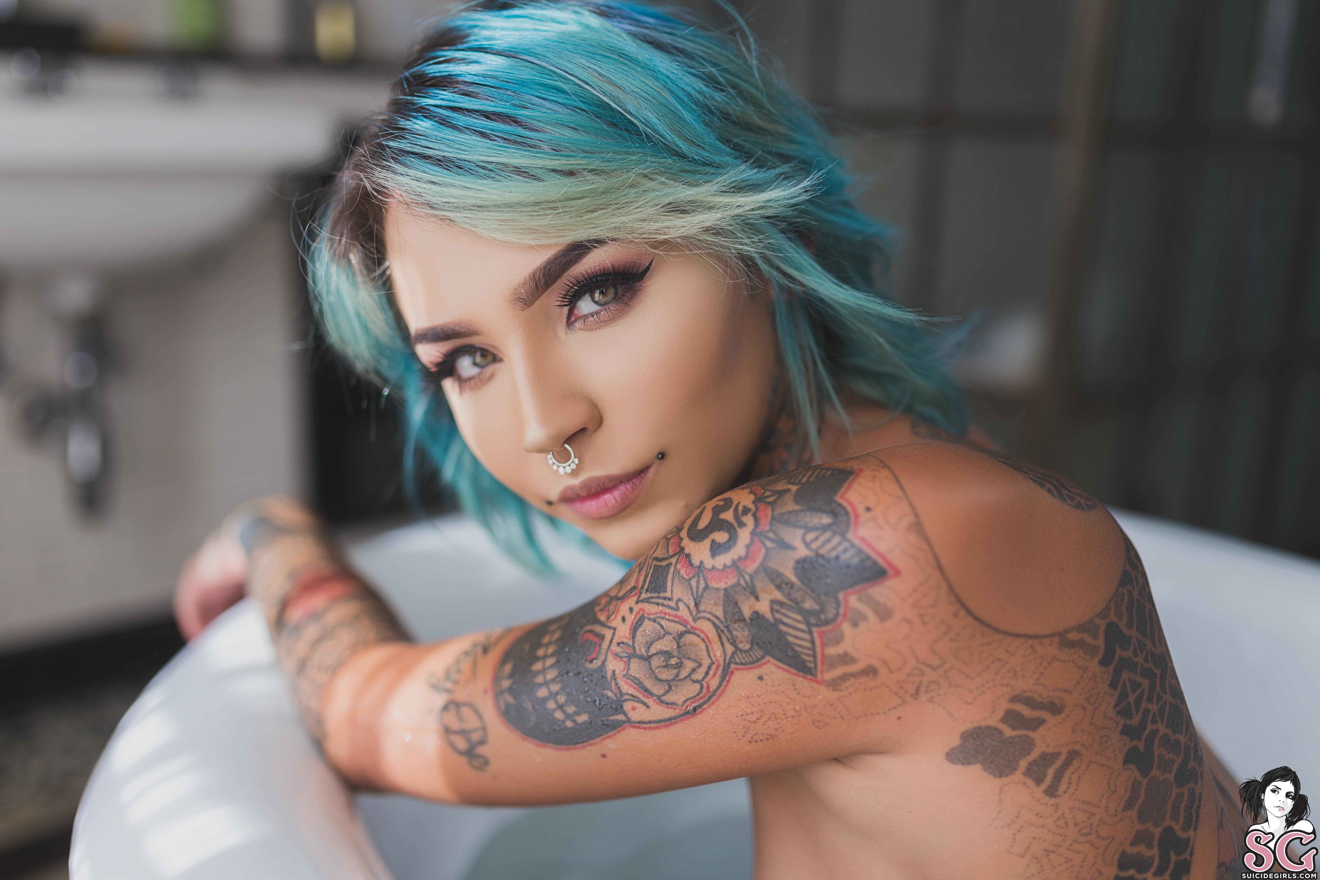 Fishball Blue Hair Looking At Viewer Face Nose Ring Women Suicide.