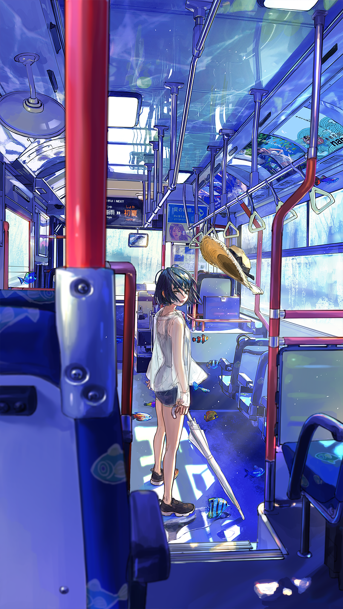 Anime 1148x2040 fish buses anime girls anime vehicle animals
