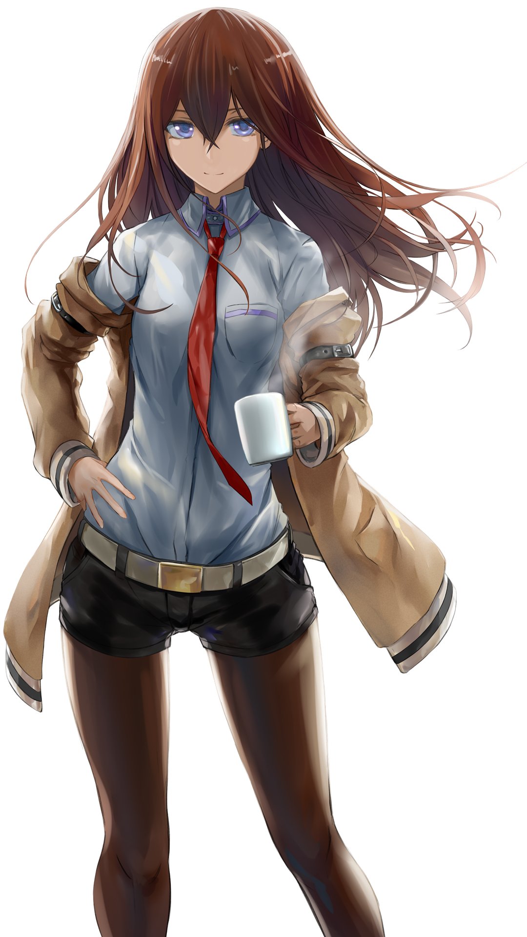 Anime 1080x1920 anime girls Steins;Gate Makise Kurisu 2D simple background thighs coffee pantyhose fan art