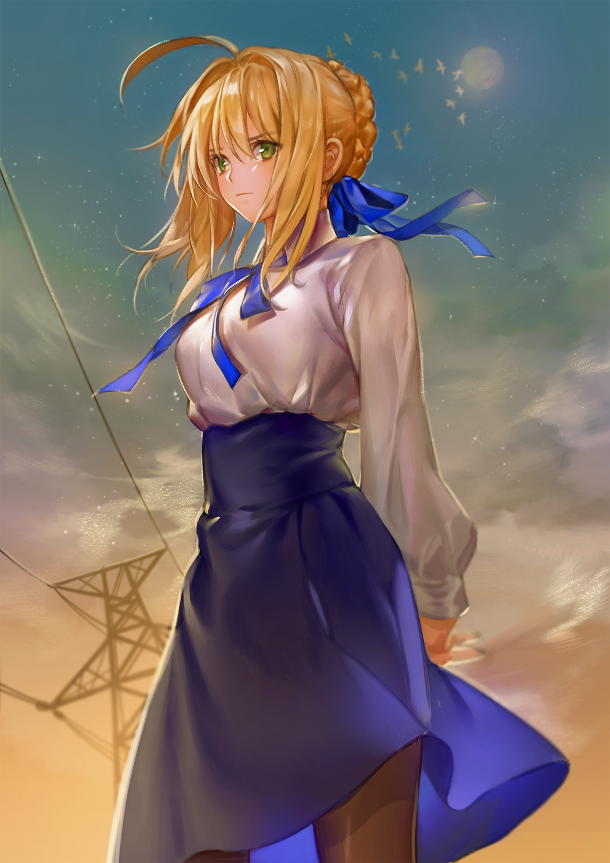 Anime 1200x1697 Fate series Fate/Stay Night anime girls 2D looking at viewer long hair thighs small boobs pantyhose green eyes braids Saber portrait display ahoge fan art sunset clear sky blue ribbons long skirt blue skirt anime blonde Artoria Pendragon
