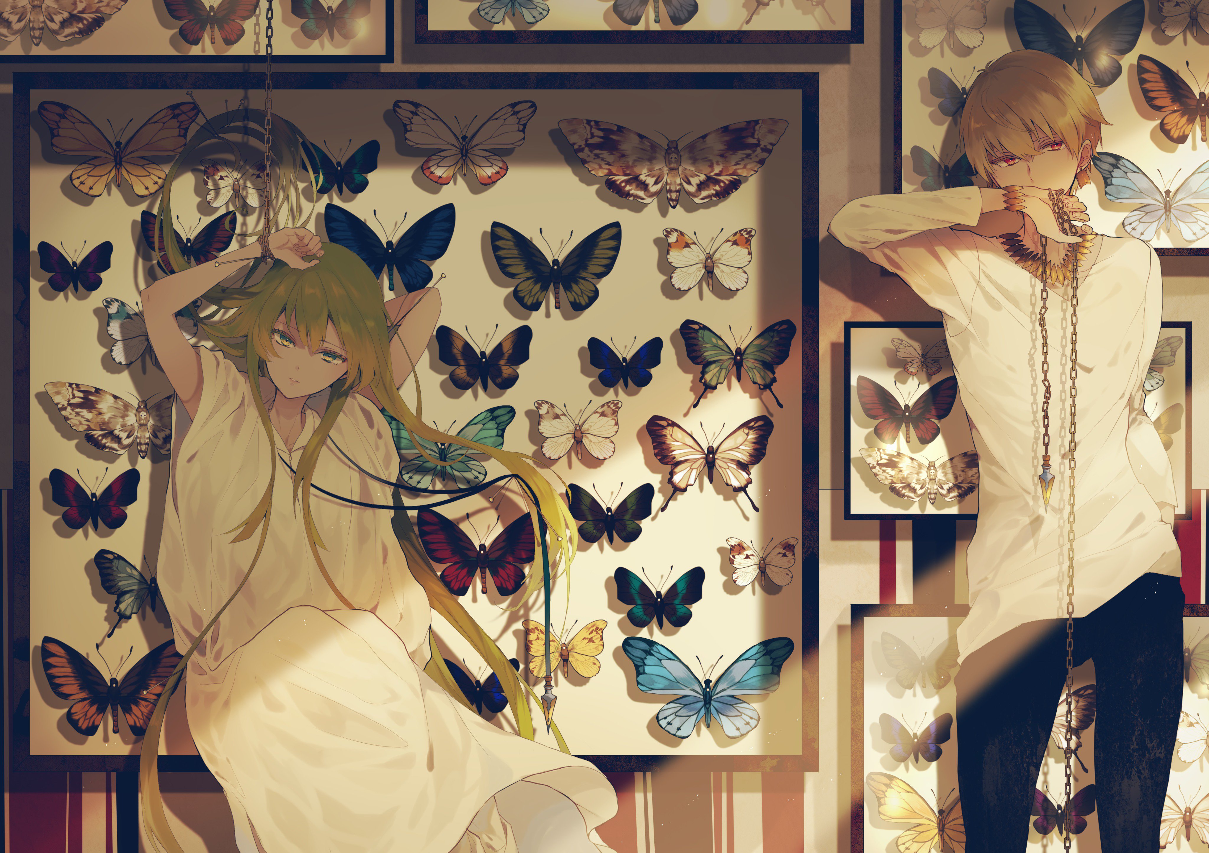 Anime 4096x2891 Fate series Fate/Grand Order anime boys 2D long hair short hair blonde green hair Gilgamesh Enkidu (FGO) butterfly picture frames looking at viewer red eyes green eyes fan art chains