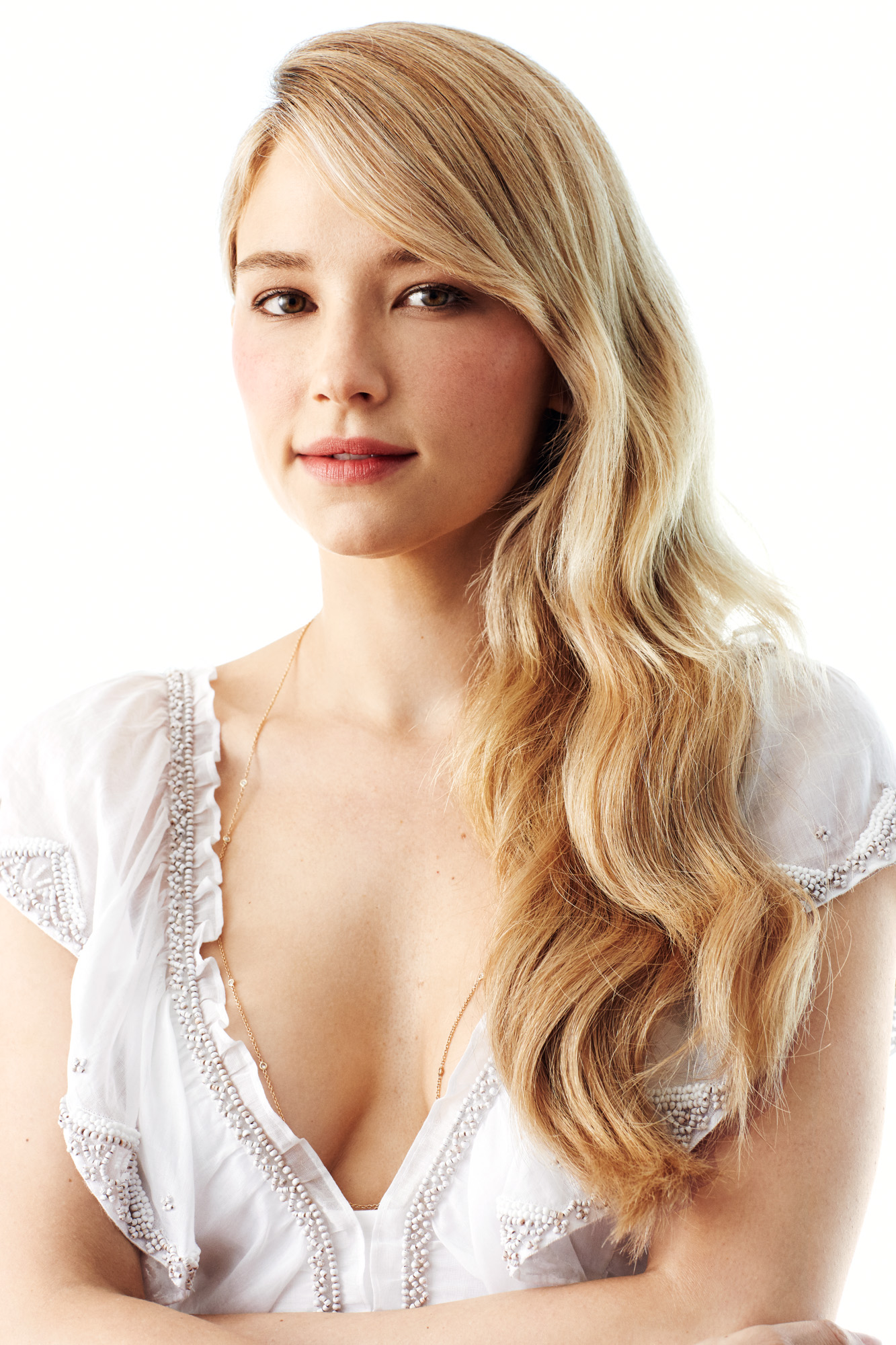 People 1333x2000 Haley Bennett women actress blonde long hair green eyes simple background portrait white clothing blushing American women solo open mouth wavy hair looking at viewer