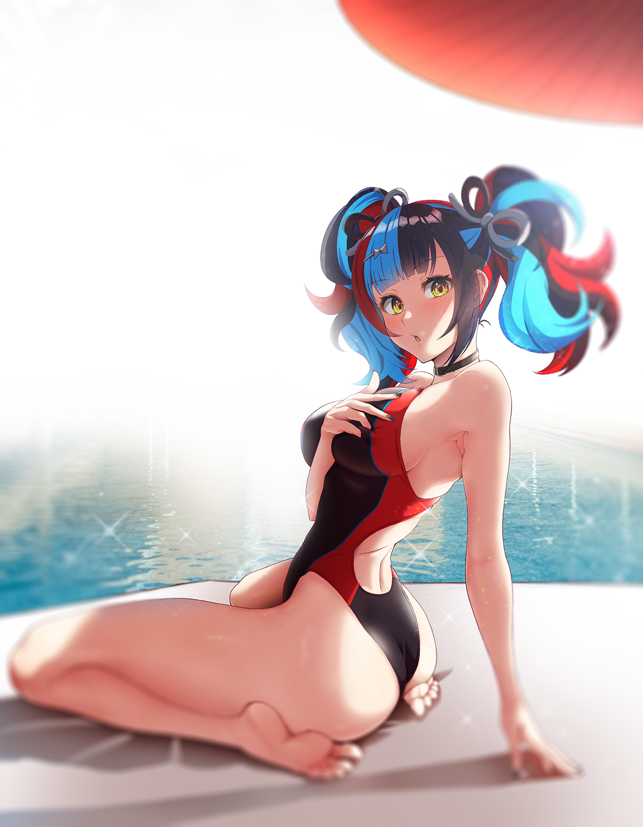 Anime 1282x1648 anime anime girls digital art artwork 2D portrait display SOLar Fate series Fate/Grand Order Sei Shonagon (Fate/Grand Order) multi-colored hair twintails yellow eyes one-piece swimsuit kneeling big boobs