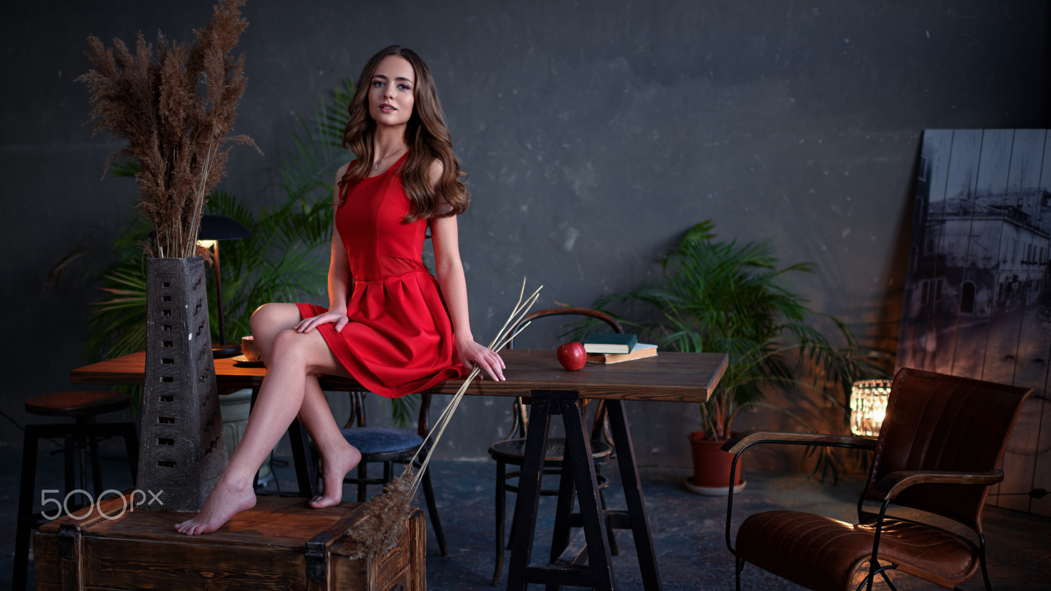 People 2048x1152 Sergey Olshevsky women brunette long hair wavy hair dress makeup looking at viewer jewelry necklace plants table barefoot apples books chair 500px red dress pointed toes sitting on desk