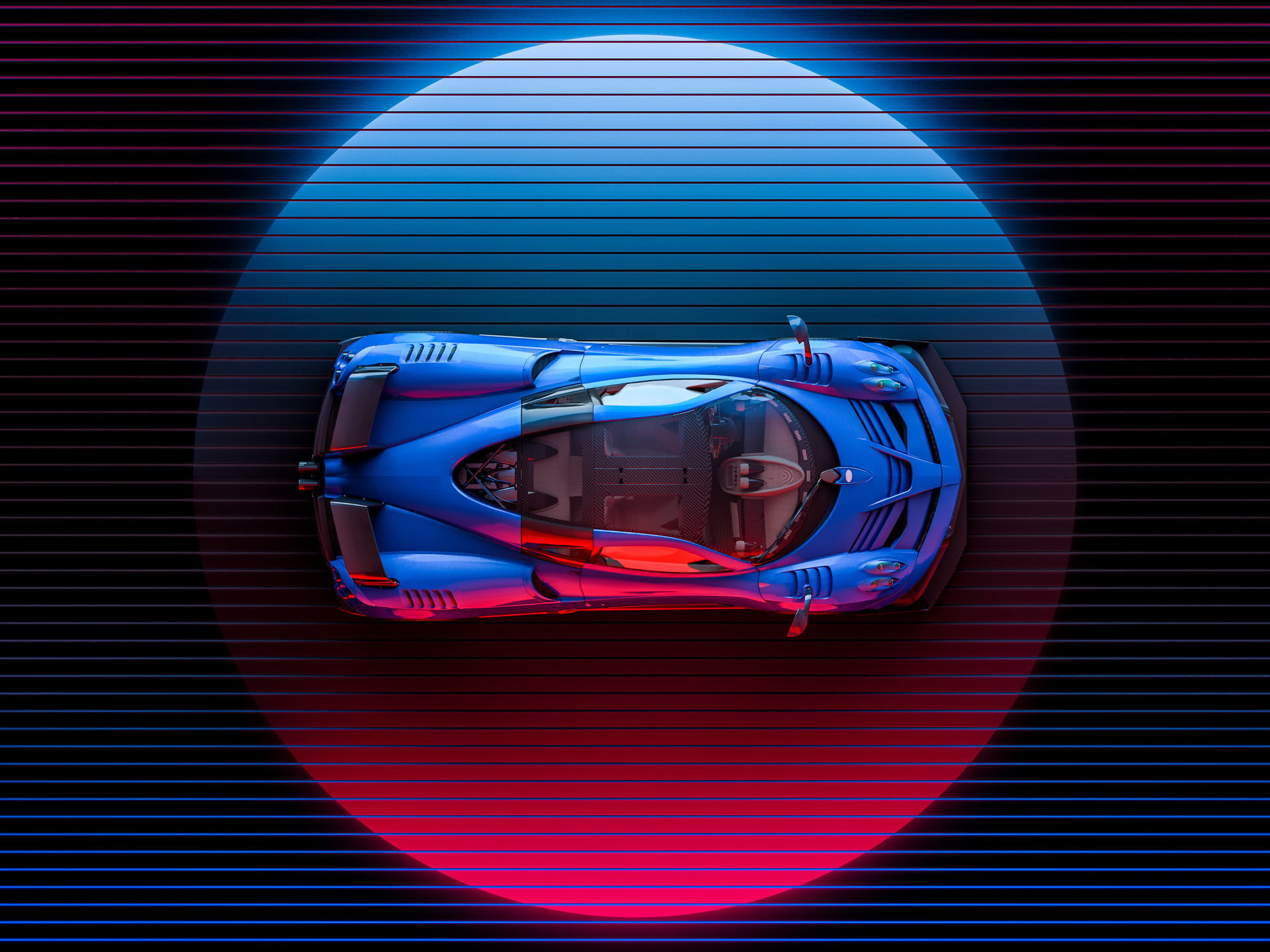 General 1920x1440 car artwork digital art neon Pagani Pagani Huayra lights digital lighting top view synthwave