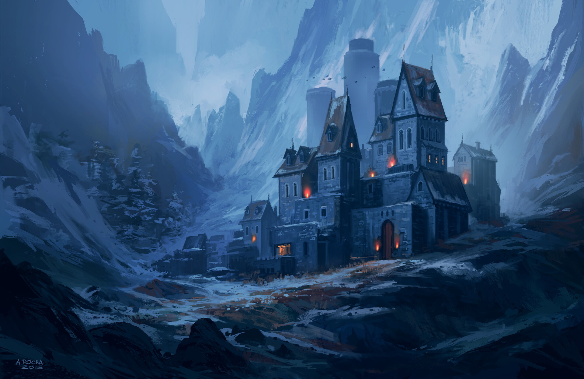 General 1920x1245 Andreas Rocha nature castle house mountains winter torches snow