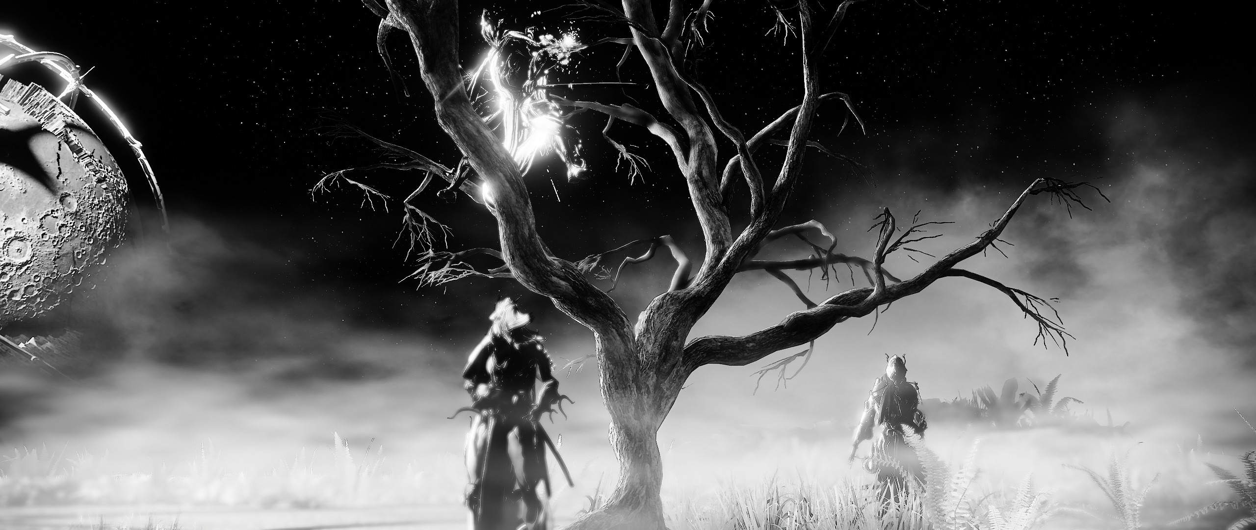 General 2560x1080 Warframe video game characters video games Moon Excalibur (Warframe) monochrome