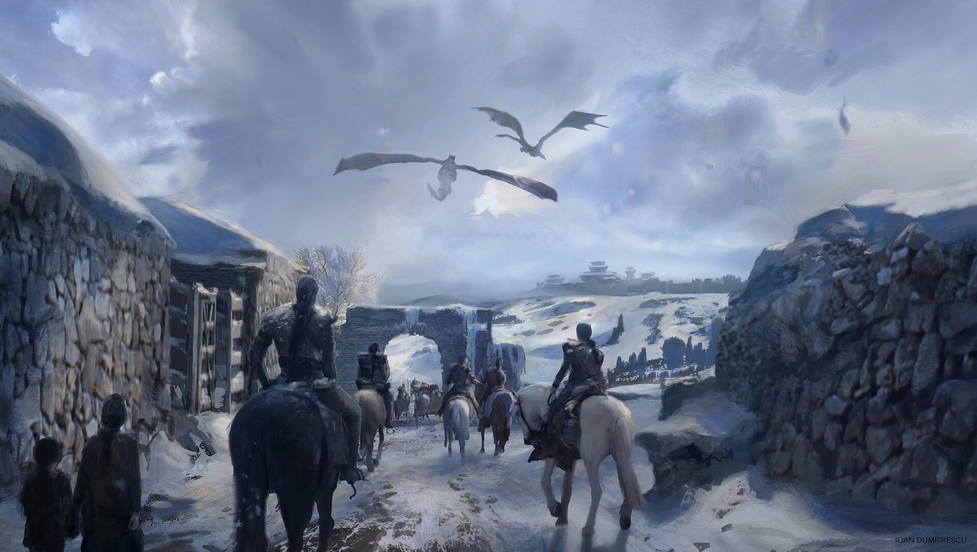 General 1920x1086 dragon fantasy art snow dothraki sky clouds Game of Thrones winter Winterfell horse horseback creature