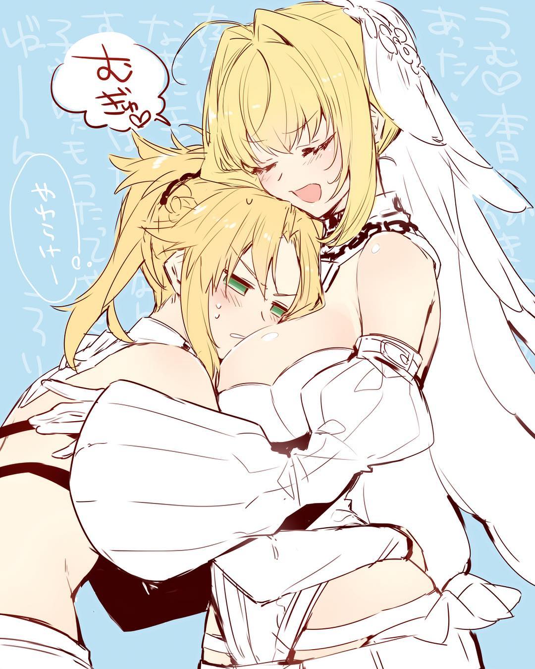 Anime 1080x1350 Fate/Grand Order Nero Claudius Mordred (Fate/Apocrypha) portrait display anime anime girls speech bubble hugging big boobs heart (design) annoyed