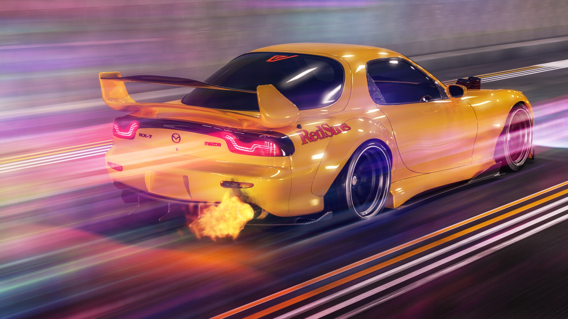General 1920x1080 yellow cars vehicle car Japanese cars Initial D colored wheels Mazda RX-7 backfire exaust flare Mazda