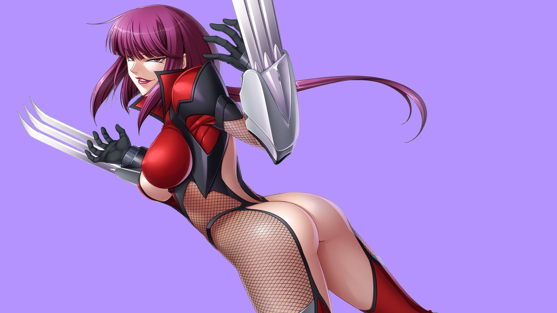 Anime 1920x1080 lewd Taimanin Yukikaze anime girls ass bodysuit fishnet claws weapon purple hair armor gloves thighs side view red lipstick smiling arms up