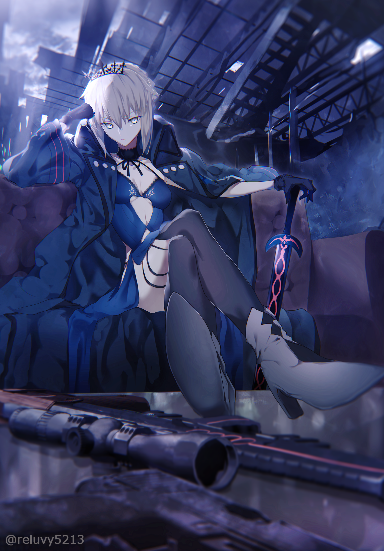 Anime 1530x2196 Fate series Fate/Grand Order anime girls 2D fan art portrait display small boobs fantasy weapon crown yellow eyes cleavage blue dress sword Saber Alter sniper rifle black stockings blonde Artoria Pendragon