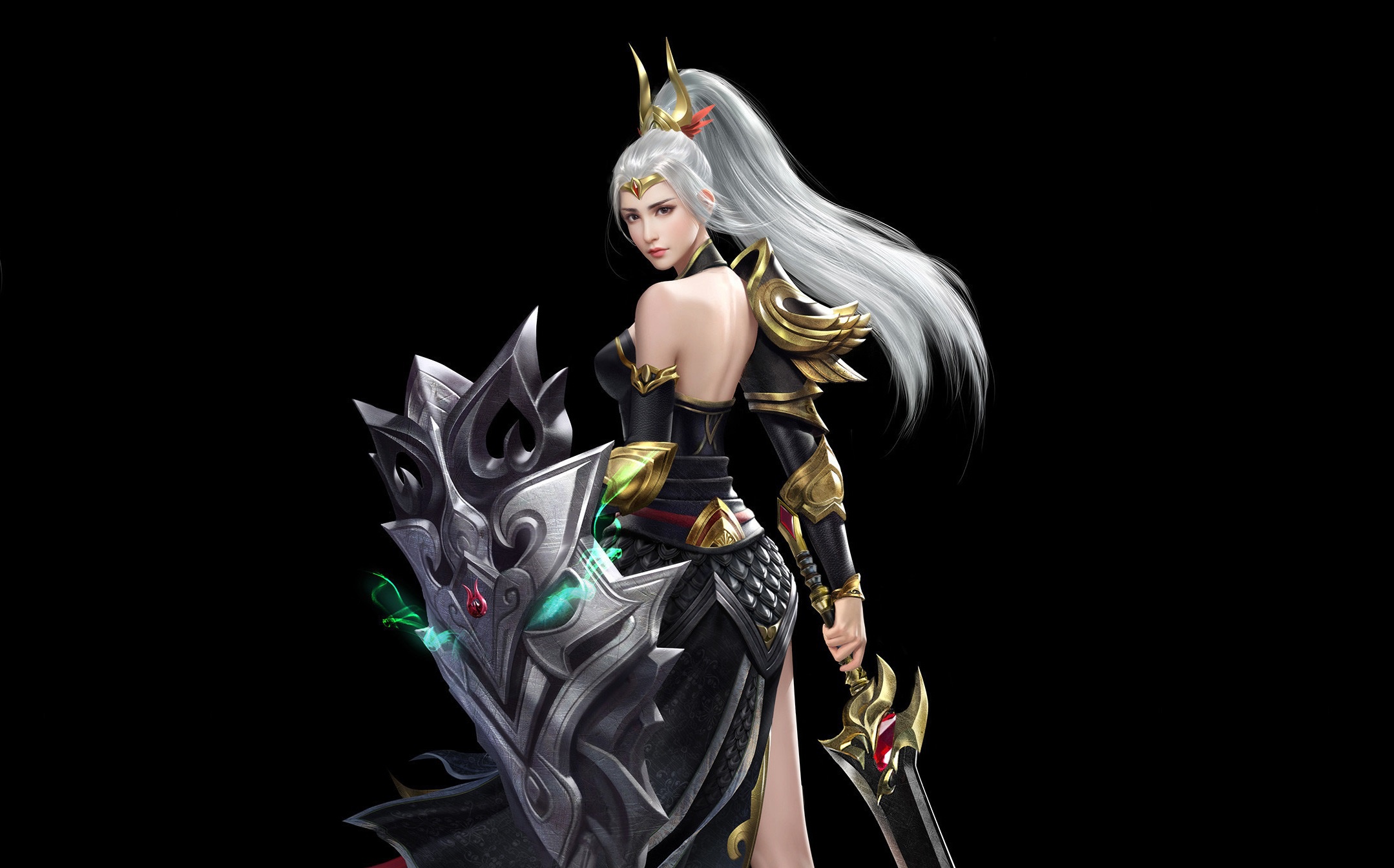 General 2158x1344 simple background warrior black background fantasy art fantasy girl long hair shield