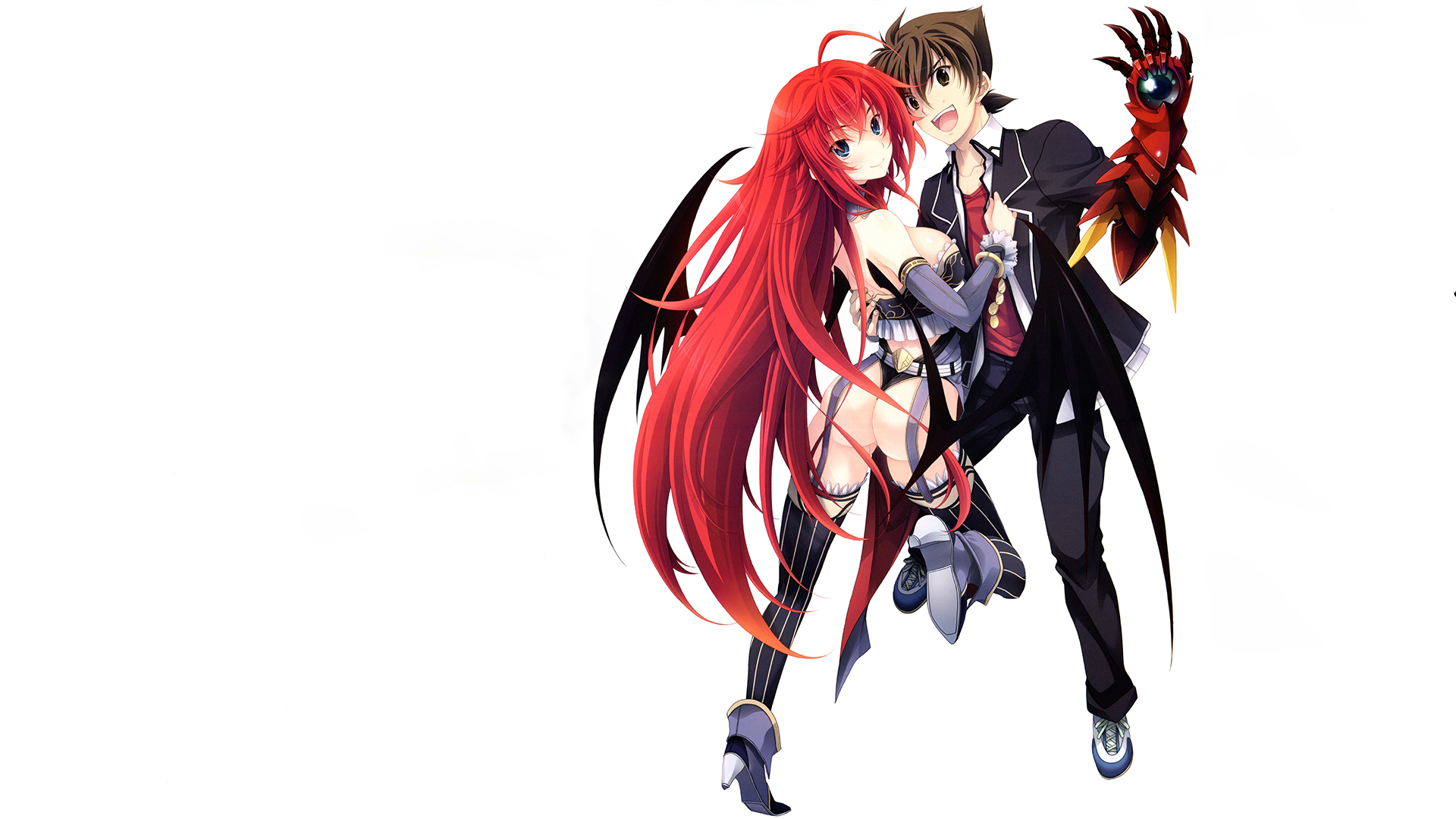 Anime 1920x1080 anime anime girls High School DxD Gremory Rias Hyoudou Issei redhead long hair blue eyes ass white background simple background stockings black stockings heels anime boys smiling open mouth