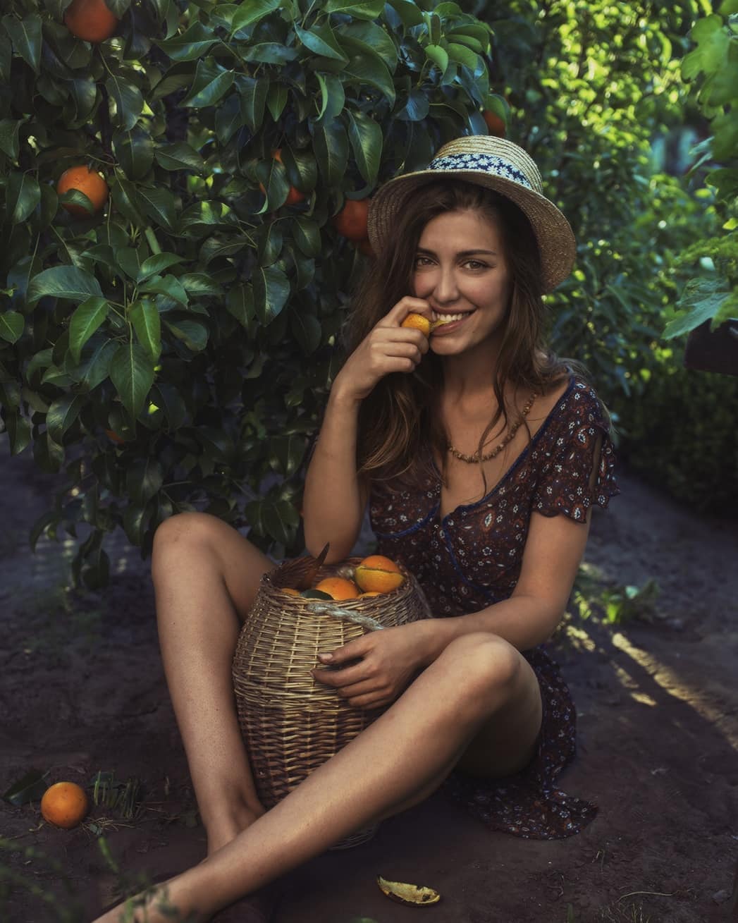 People 1047x1309 David Dubnitskiy model women outdoors fruit smiling sitting hat women