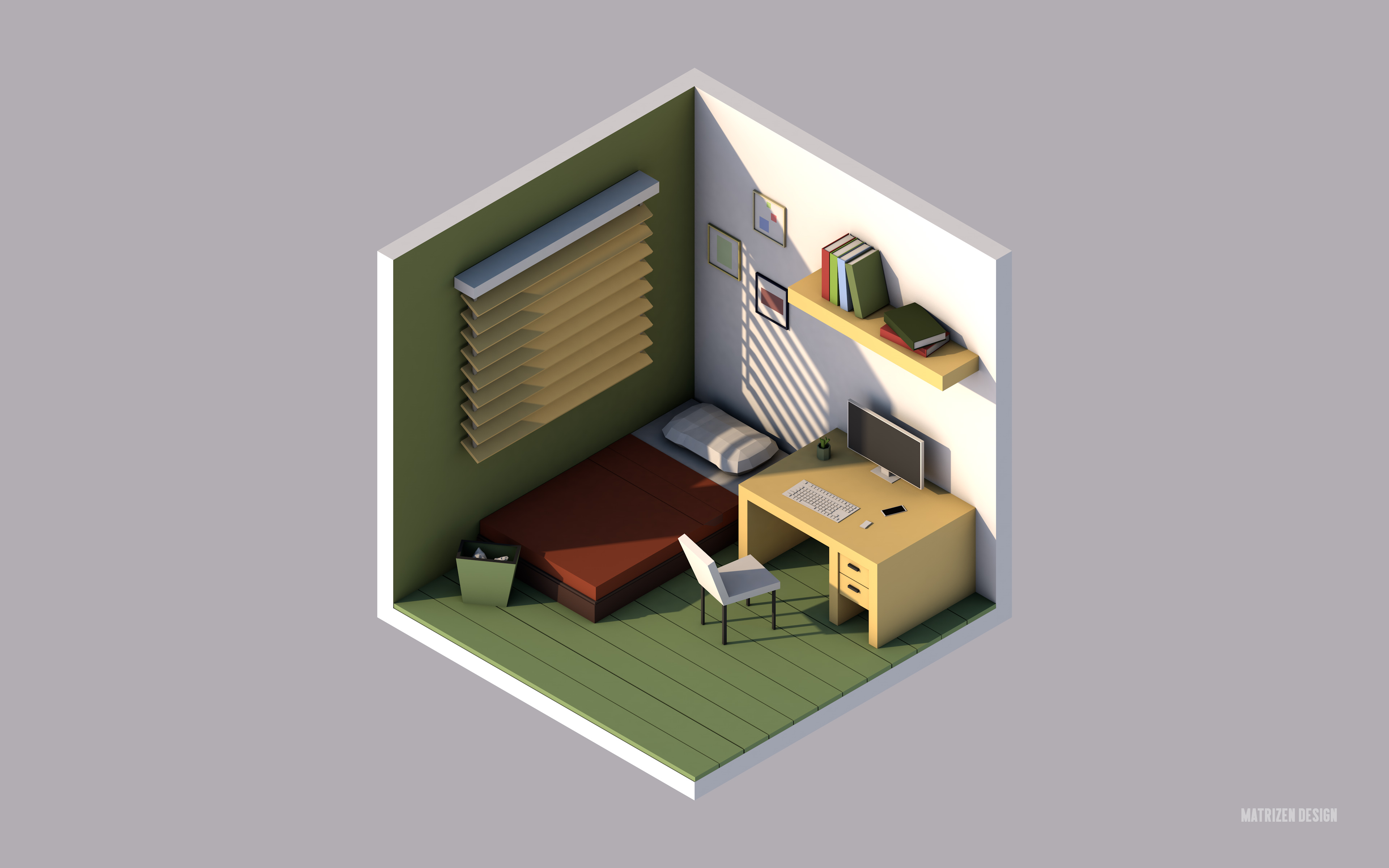 General 3840x2400 low poly isometric room bedroom office window sill books monitor desk computer trash Cinema 4D render graphic design modern diorama