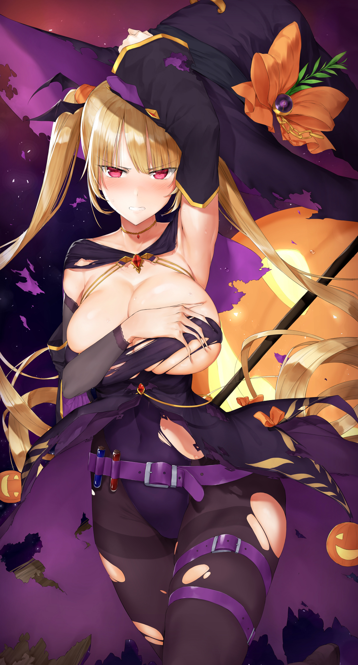 Anime 1228x2277 Halloween witch Azur Lane holding boobs leotard Nelson (Azur Lane)